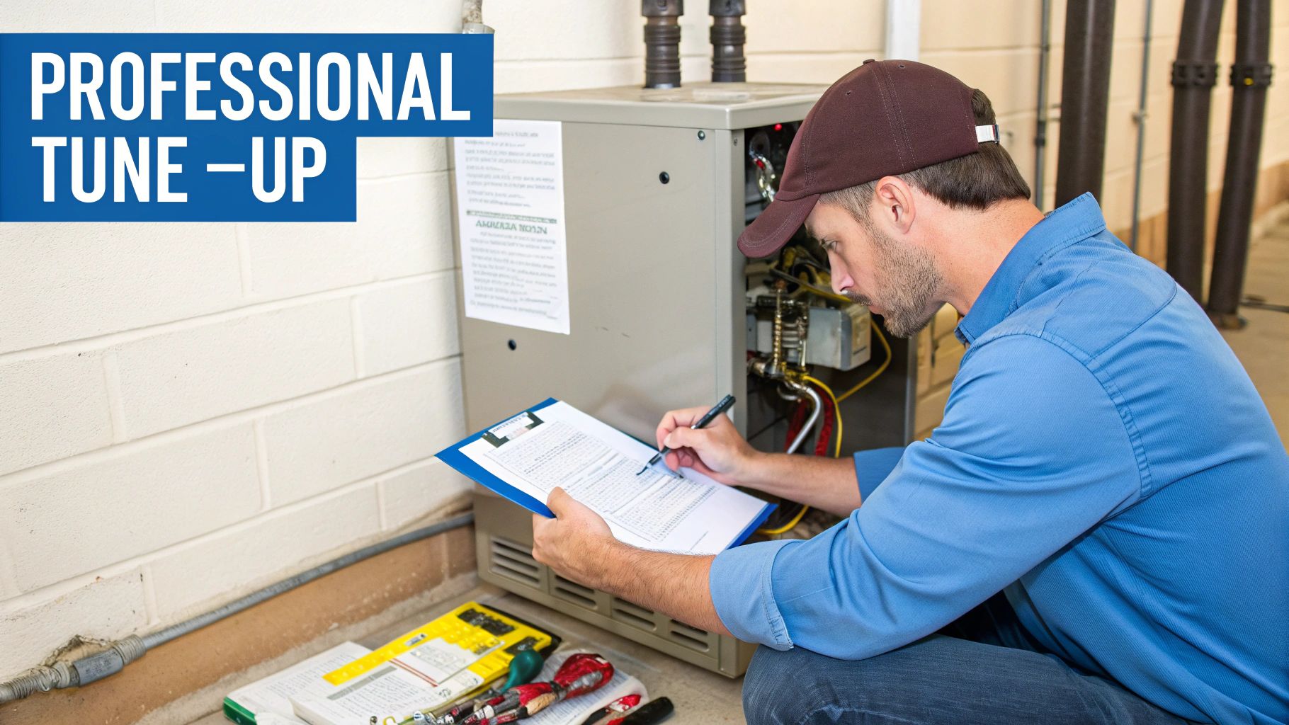 A professional technician performs a tune-up on a furnace, writing on a clipboard.