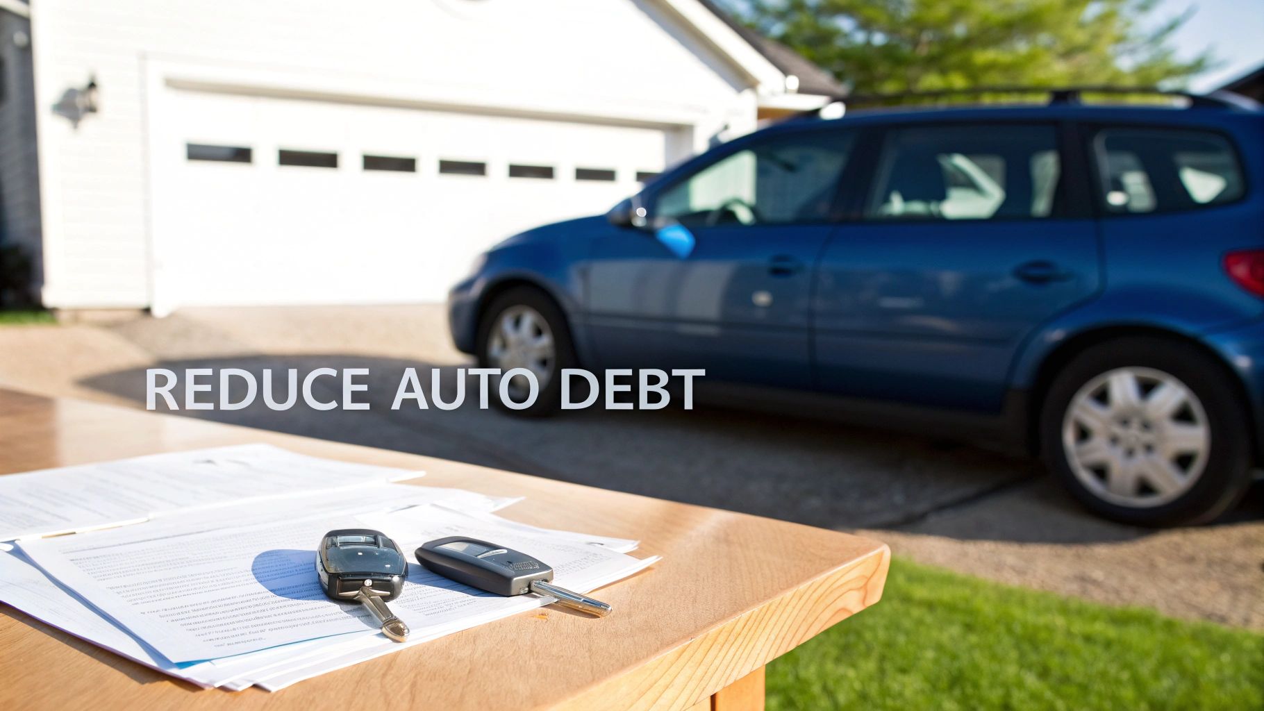 Car keys and financial documents on a table, with a blue car and garage in the background, illustrating auto debt reduction.