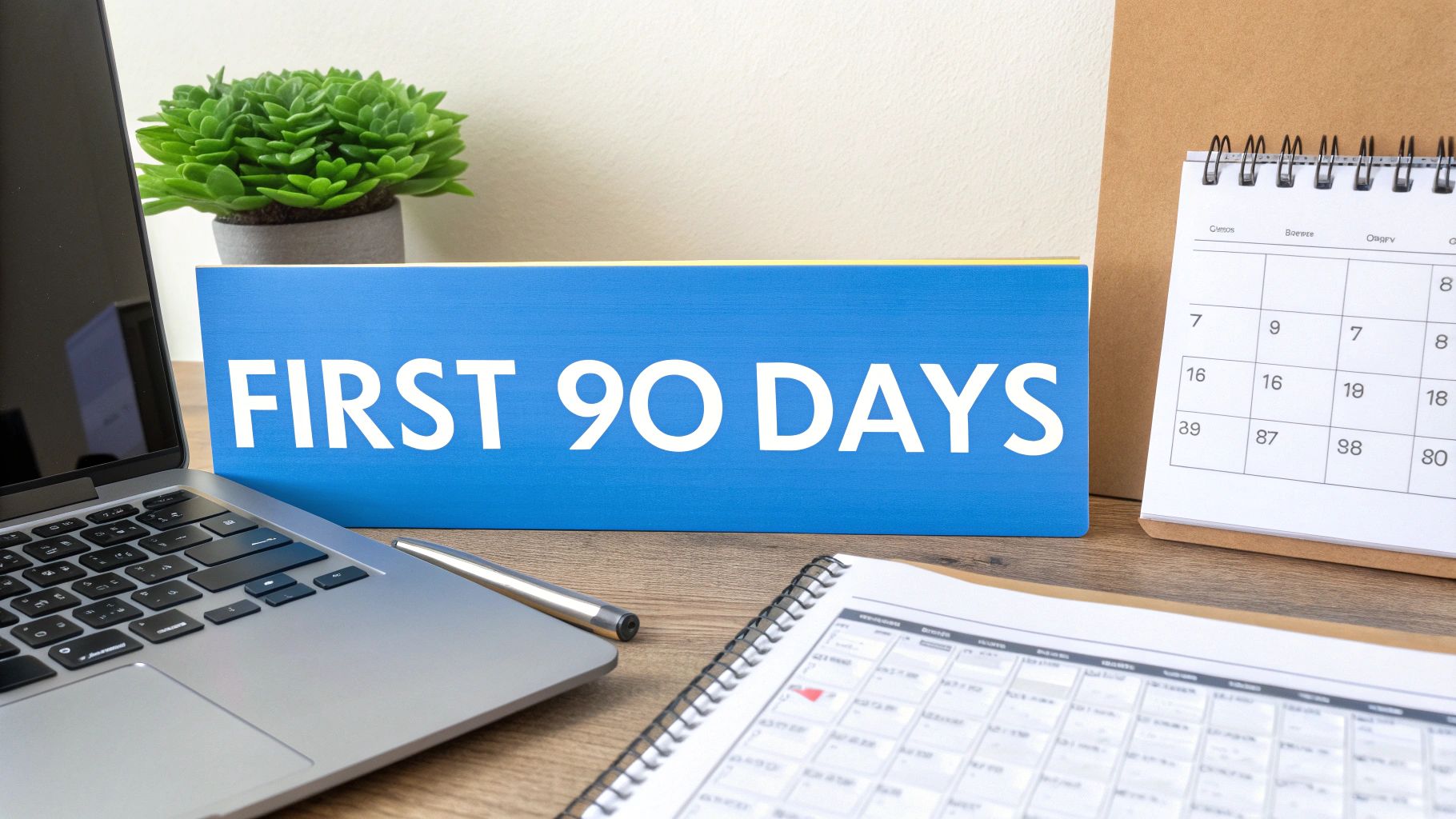 A desk with a laptop, plant, calendar, and a blue sign reading 'FIRST 90 DAYS'.