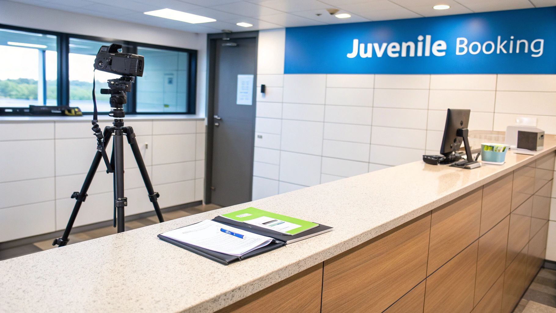 Zona de reserva de menores vacía con mostrador, monitor, cámara y documentos.