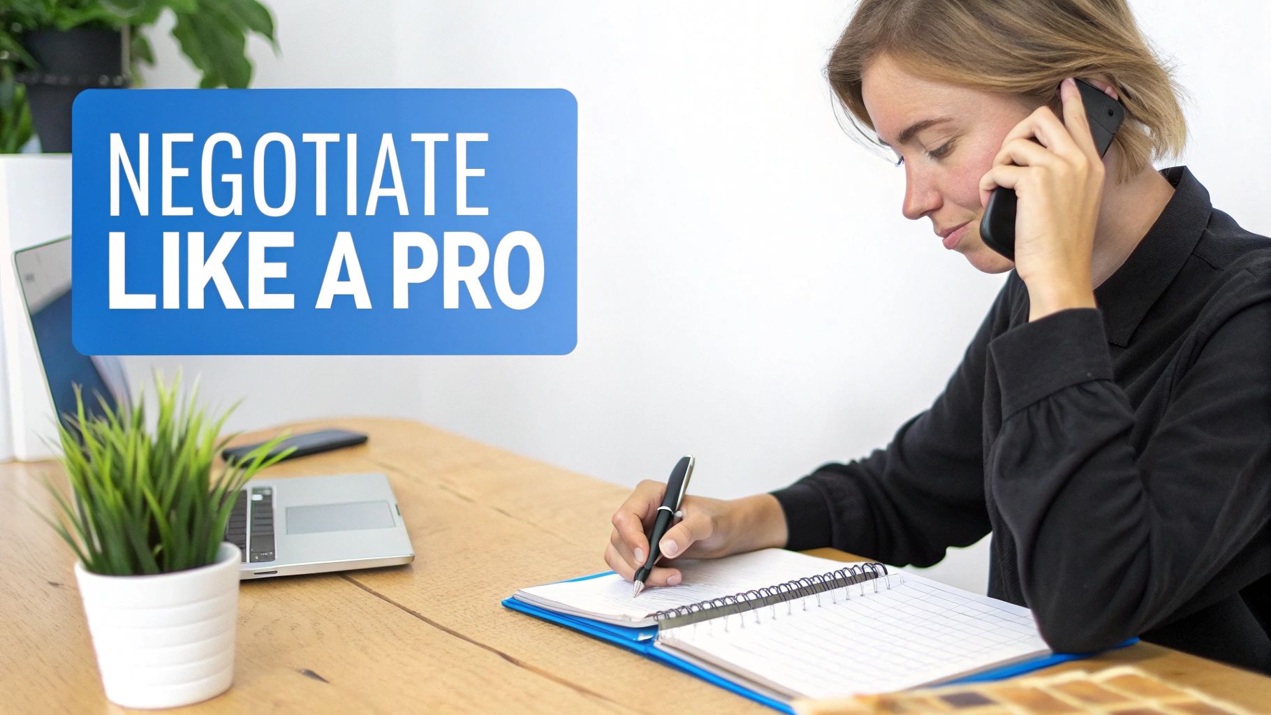 A woman on the phone writing notes at a desk, with a 'NEGOTIATE LIKE A PRO' text overlay.
