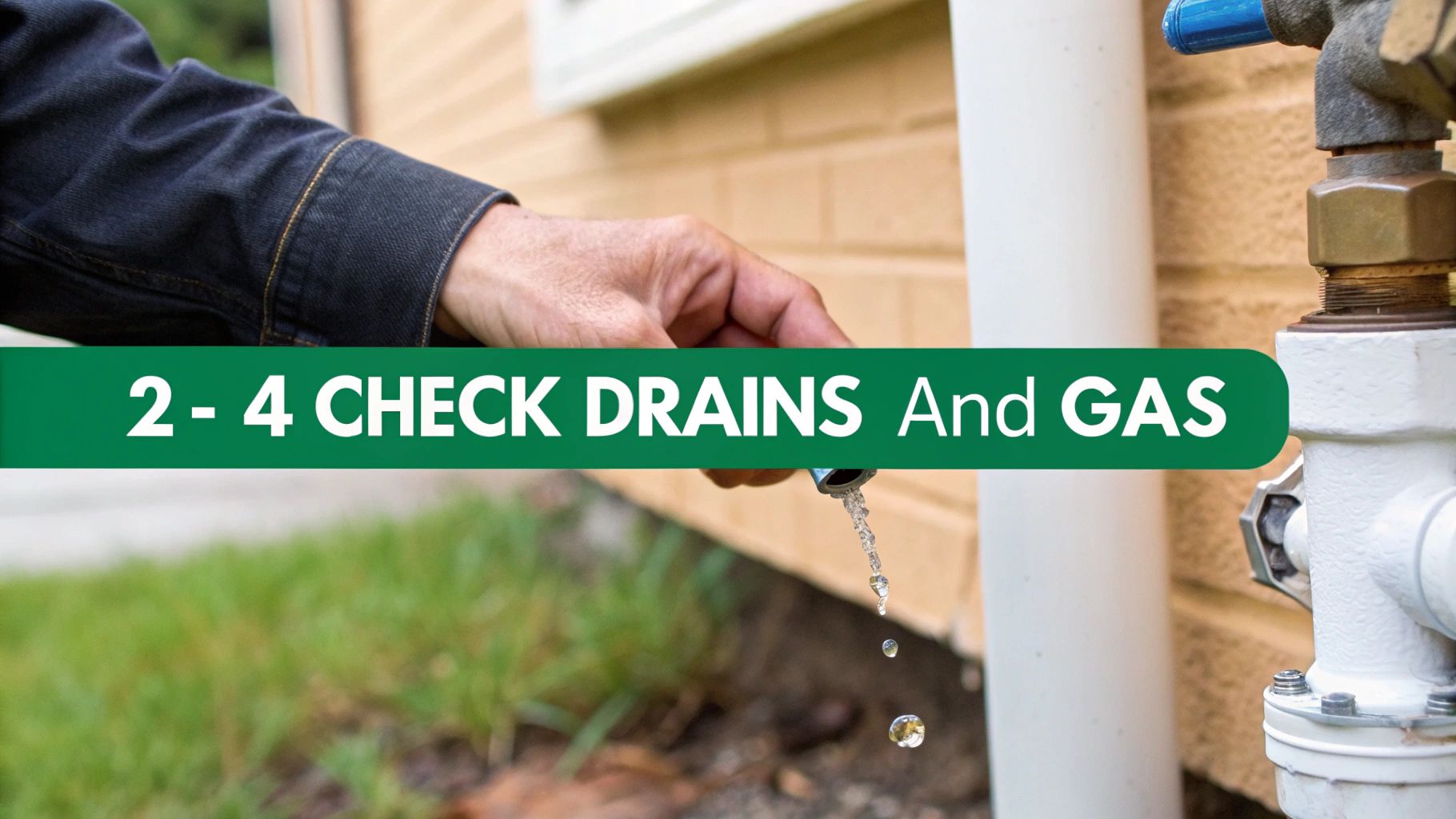 A person's hand drips water from a pipe next to a house, with text '2 - 4 CHECK DRAINS And GAS'.