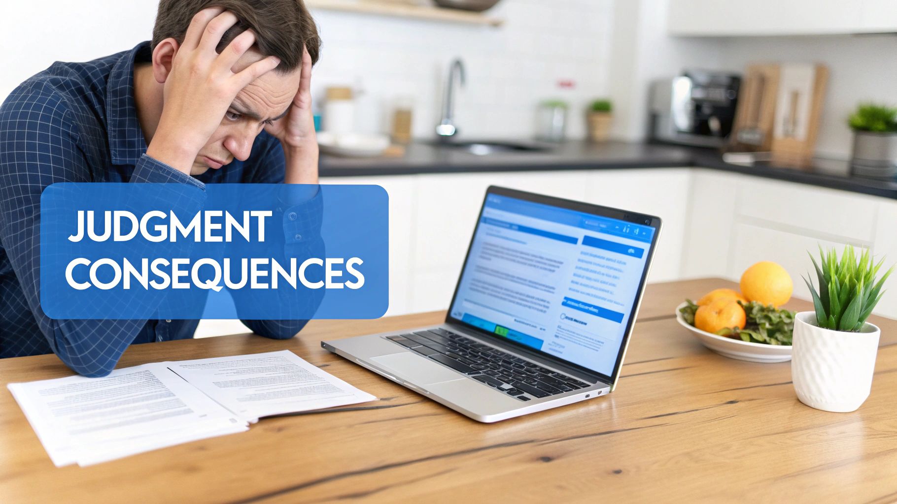 Distressed man with papers and laptop, contemplating 'JUDGMENT CONSEQUENCES' on a blue overlay.
