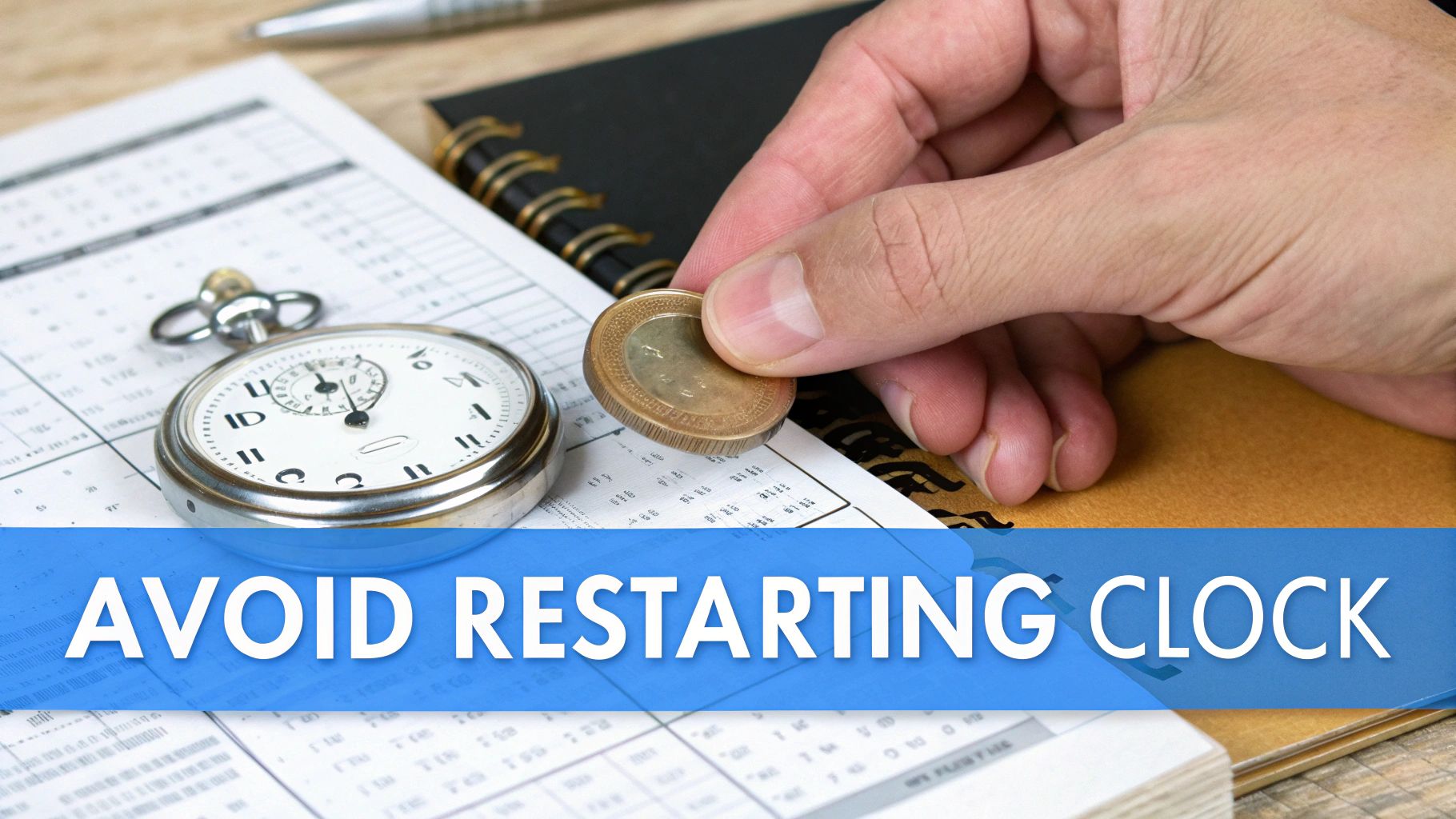 A hand holds a coin over documents next to a pocket watch, with 'AVOID RESTARTING CLOCK' text.
