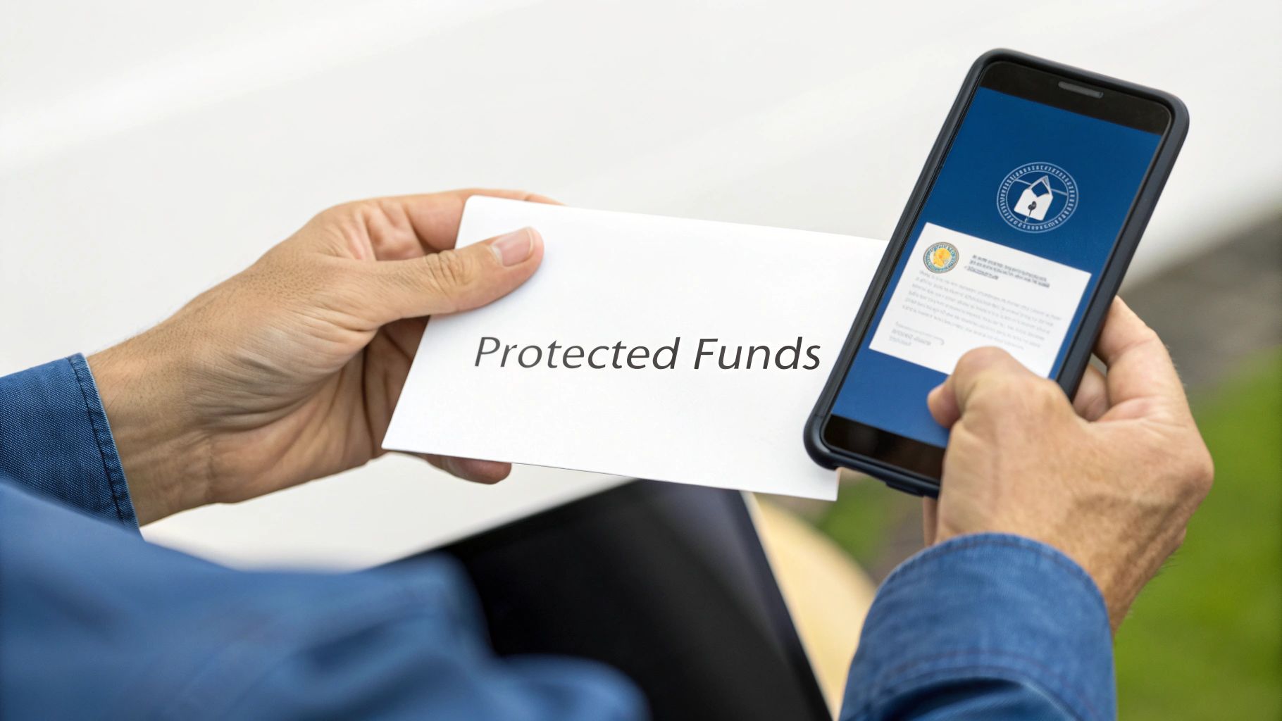 Close-up of hands holding a 'Protected Funds' card and a smartphone displaying a banking app.
