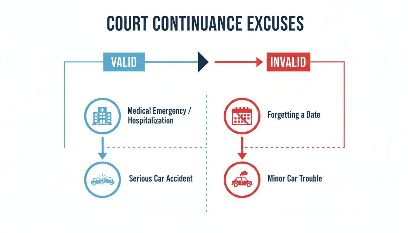 Diagrama de flujo que ilustra excusas válidas e inválidas de continuación judicial, incluidas emergencias médicas, accidentes automovilísticos, fechas olvidadas y problemas menores con el automóvil.