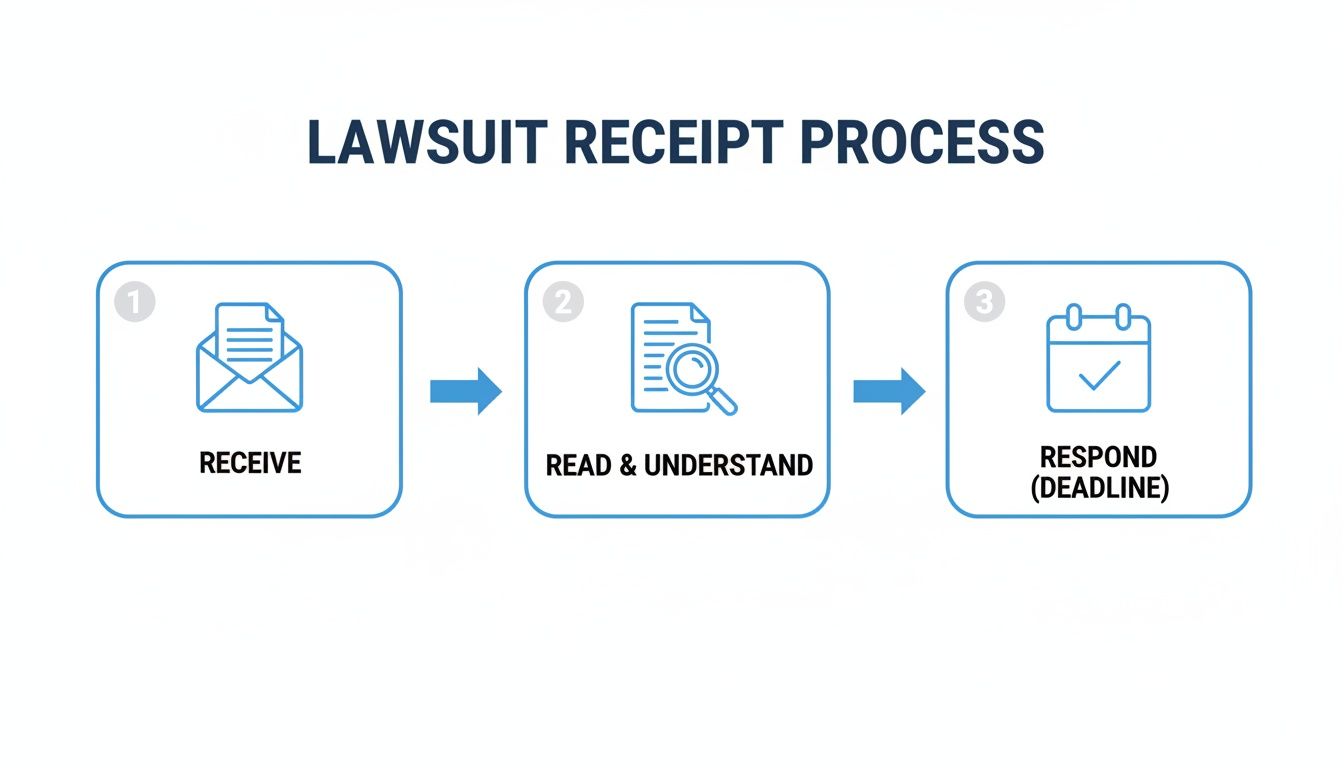 A flowchart illustrating the three-step lawsuit receipt process: receive, read, understand, and respond by deadline.