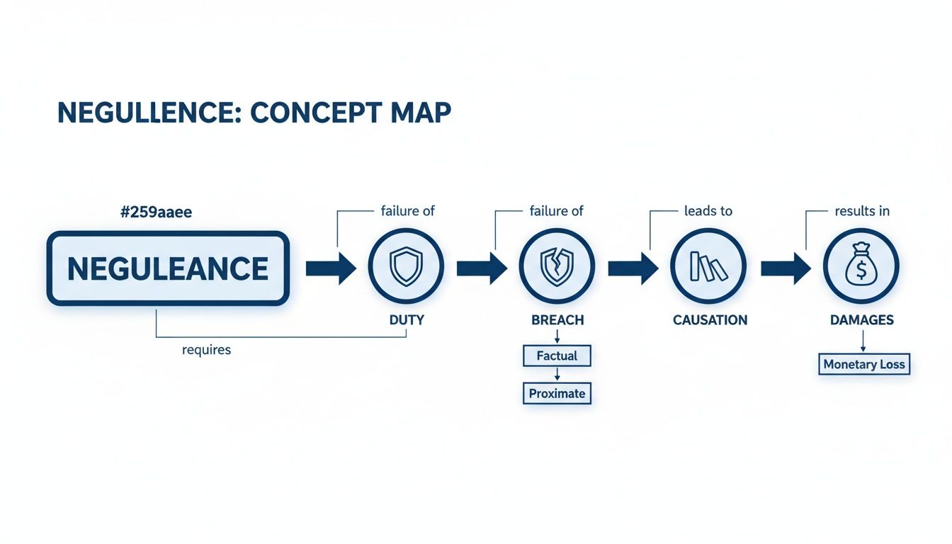 A concept map illustrating the legal elements of negligence: duty, breach, causation, and damages.