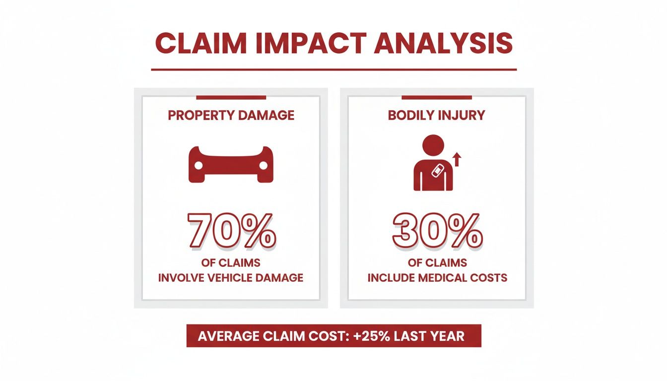 Infographic showing claim impact analysis: 70% of claims involve vehicle damage, 30% include medical costs. Average claim cost increased 25%.