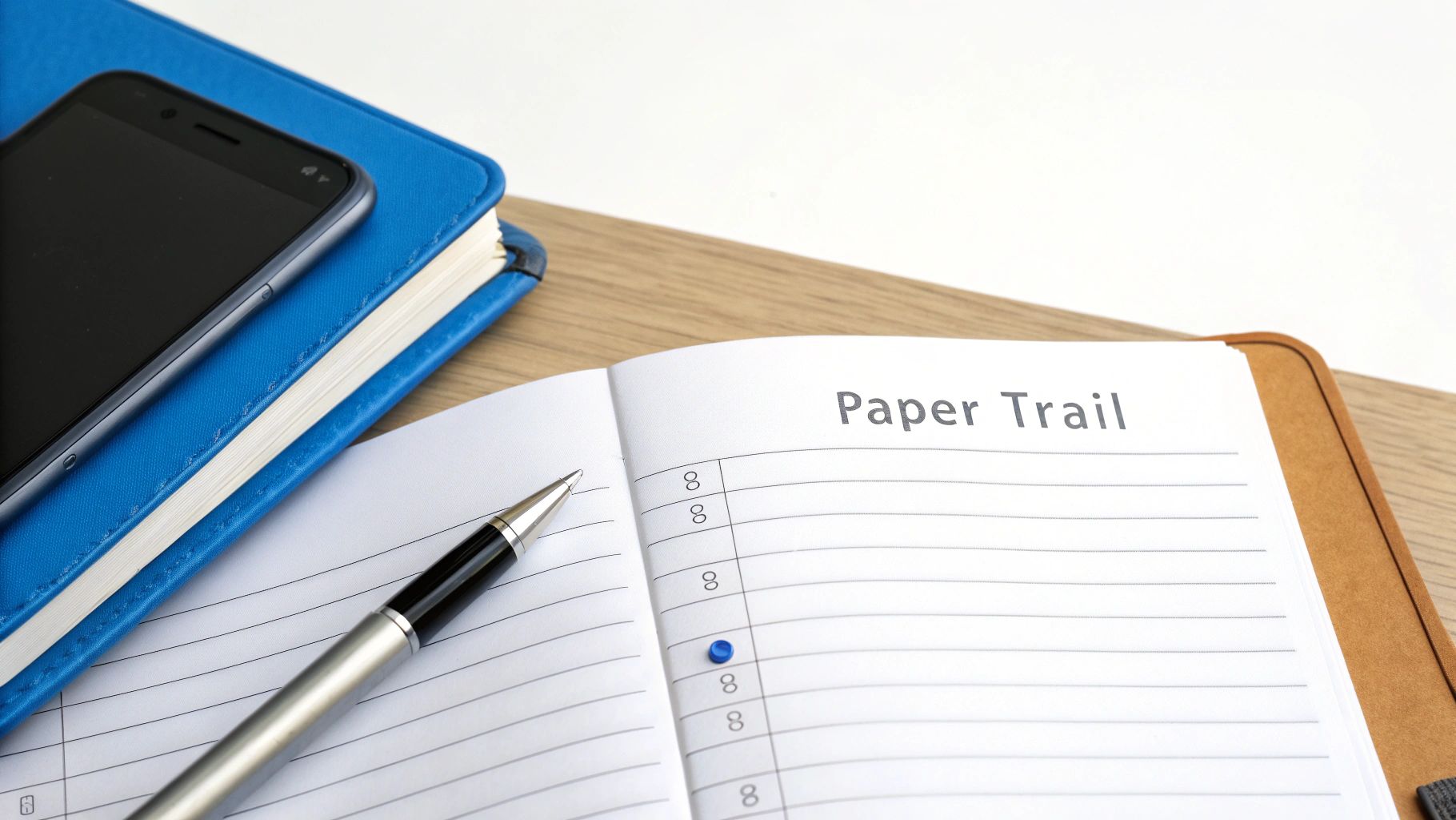 A phone resting on a blue notebook next to a pen and an open planner titled 'Paper Trail'.