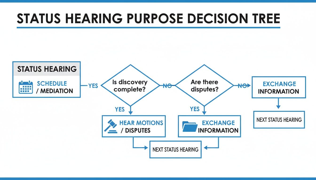 Un diagrama de flujo titulado 'Árbol de decisiones sobre el propósito de la audiencia de estado' que describe los pasos y las decisiones en una audiencia de estado legal.
