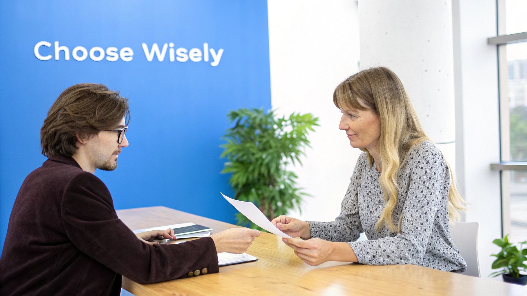 Two people exchanging documents during a business meeting at a wooden table in an office.