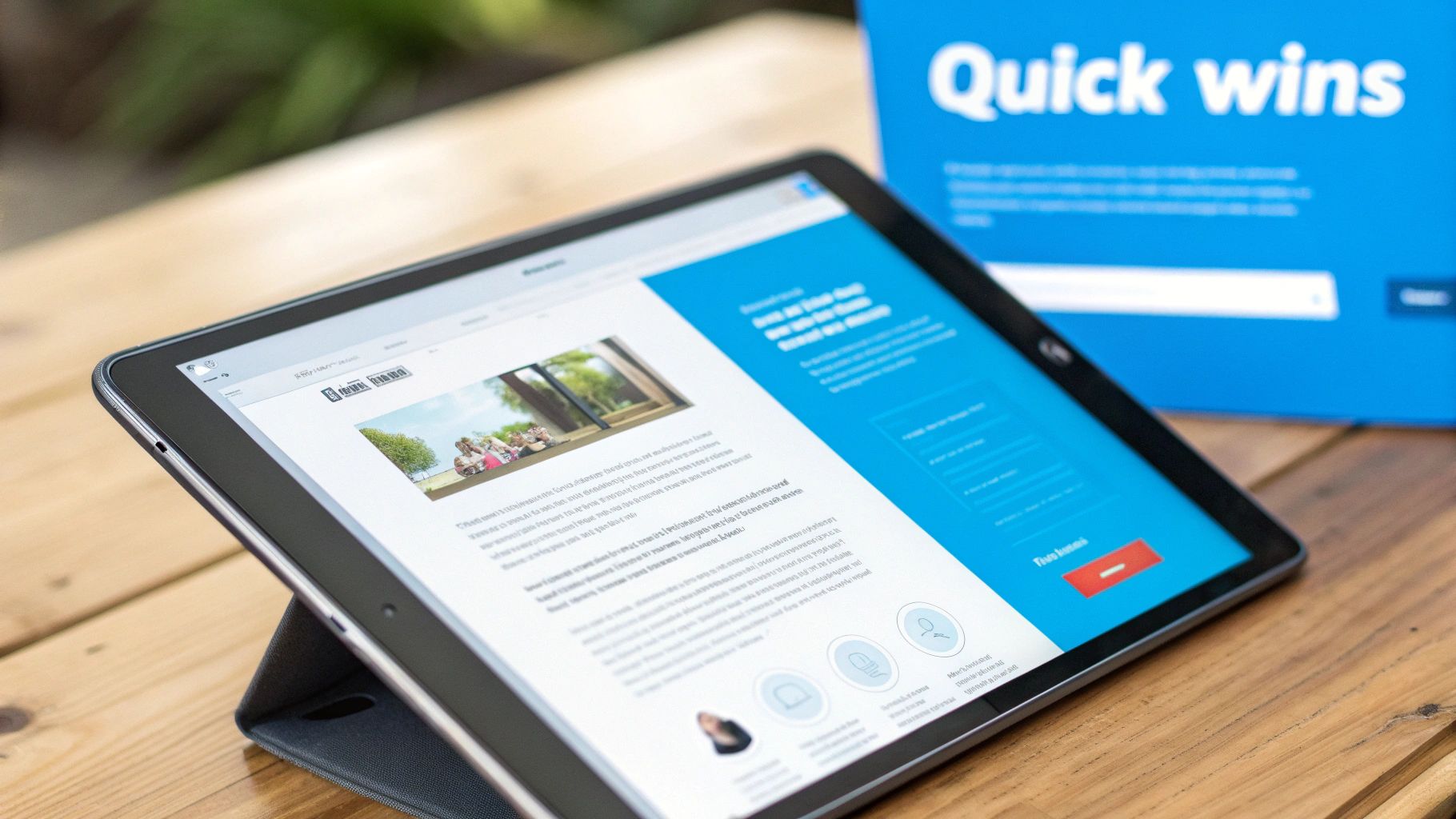 A tablet on a wooden table displays a website with text and images, next to a 'Quick wins' sign.