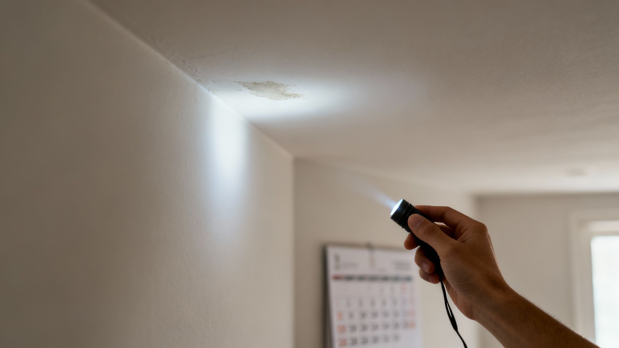 A hand holds a flashlight, illuminating a water stain on a white ceiling corner.