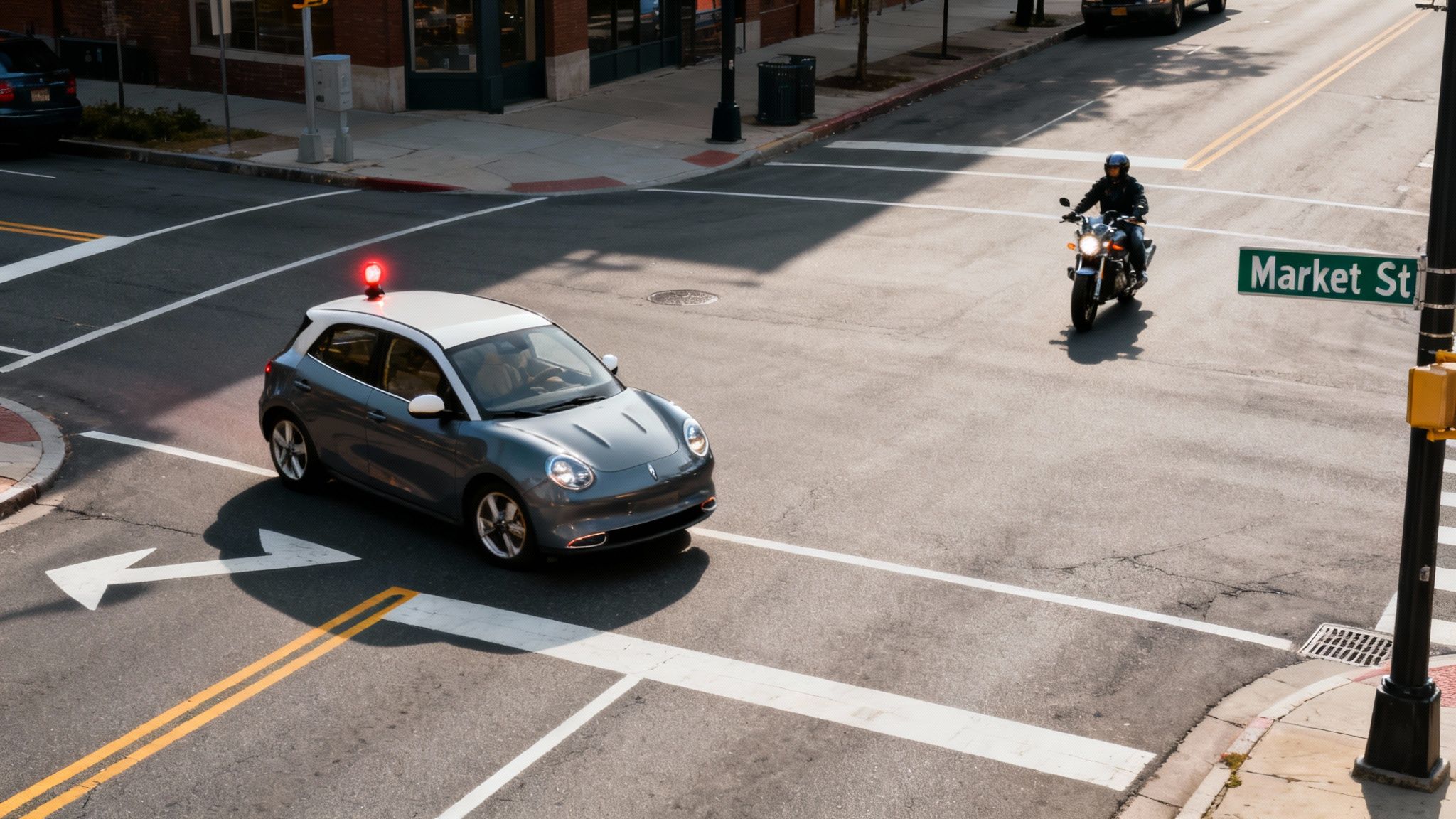 A grey car with a flashing red light makes a left turn at an urban intersection.