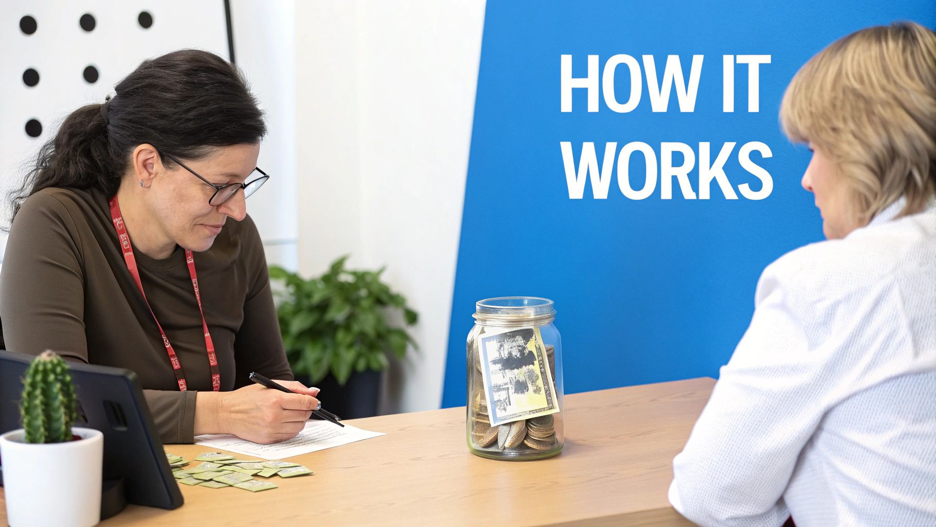 A woman writing at a desk, with a money jar, and a 'HOW IT WORKS' sign in the background.