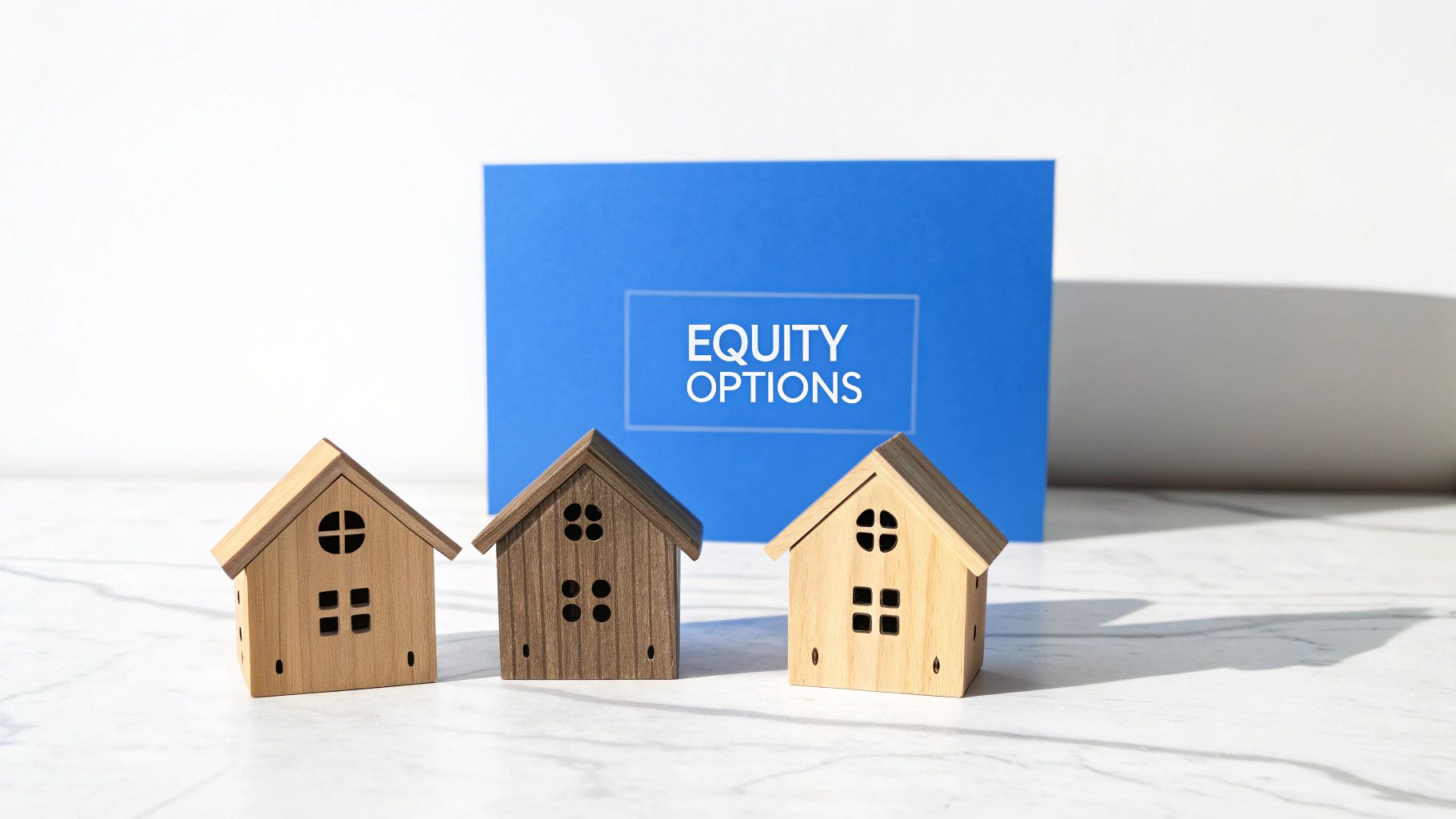 Three small wooden houses in front of a blue board displaying "EQUITY OPTIONS".