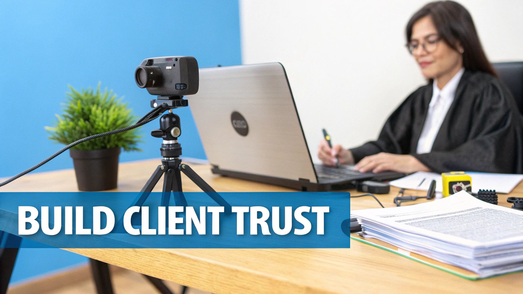 A lawyer in a robe works at a desk with a laptop, a camera setup, and documents.