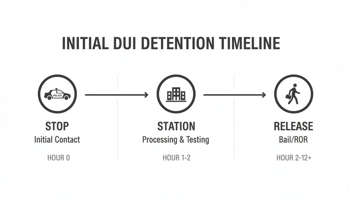 A clear timeline illustrating the initial DUI detention process, from initial stop to release, including hours.