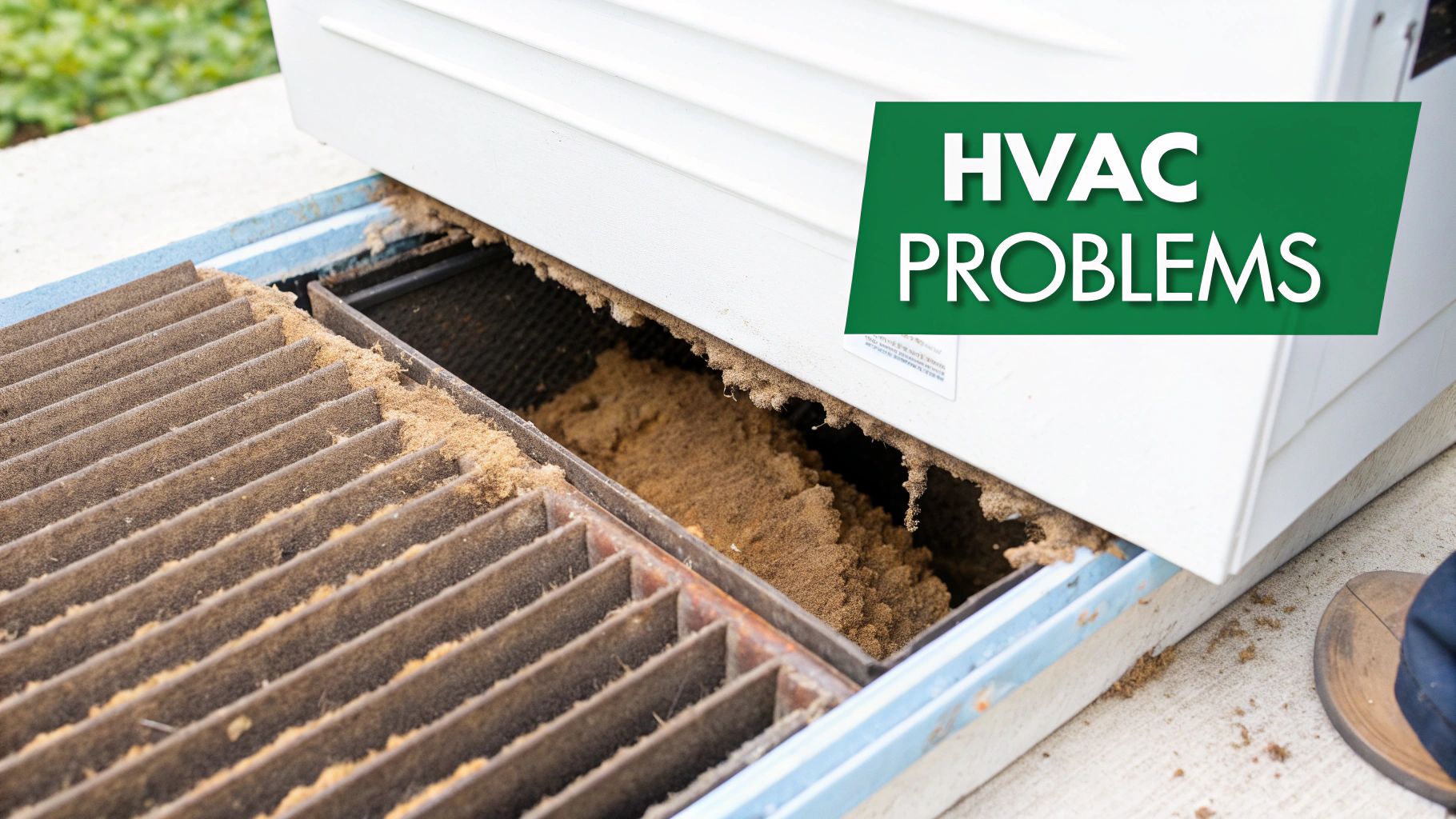 Close-up of a severely dirty HVAC air filter and accumulated debris, highlighting significant HVAC problems.