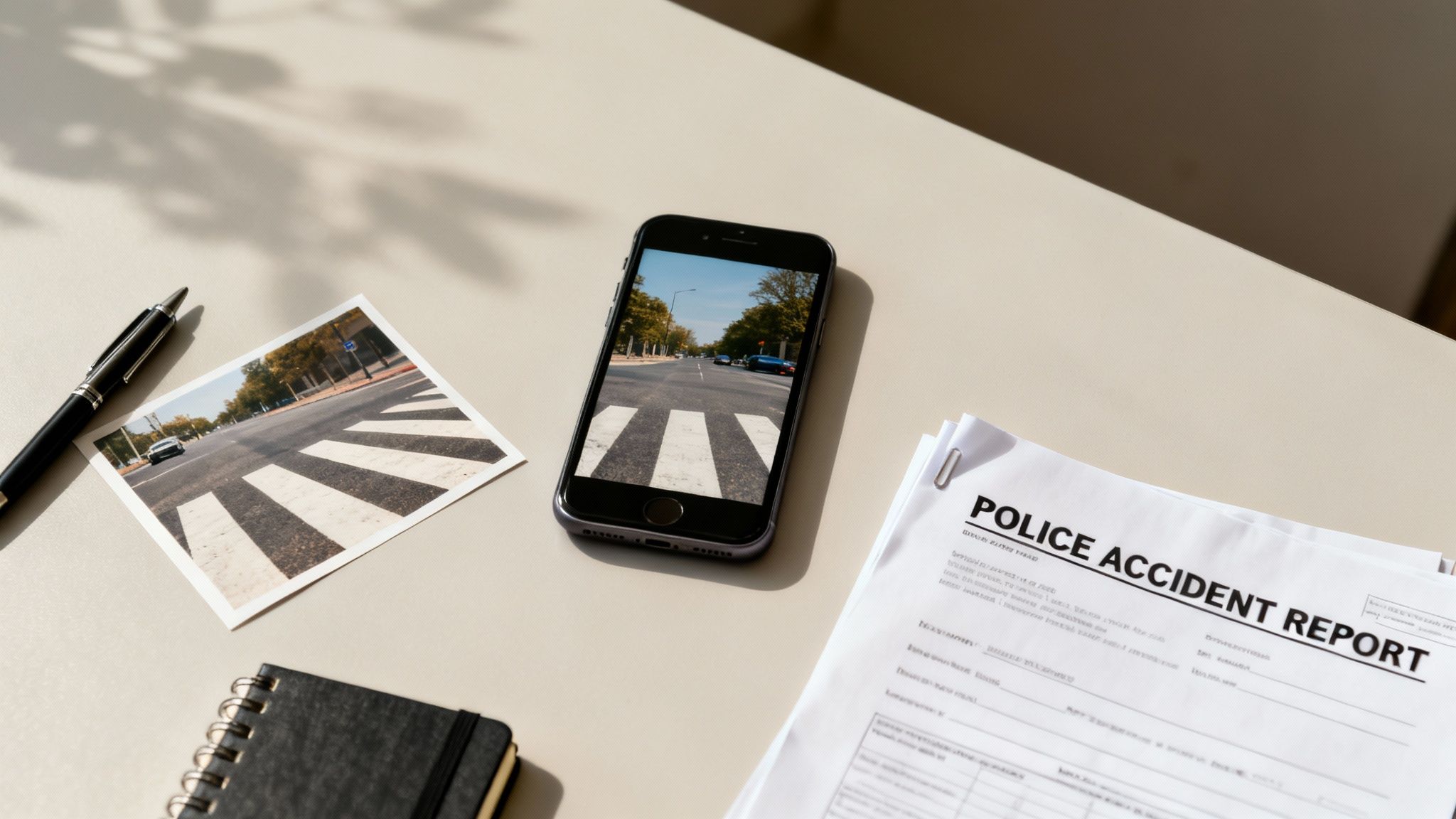 Desk with a police accident report form, smartphone, and photograph of a street crosswalk.