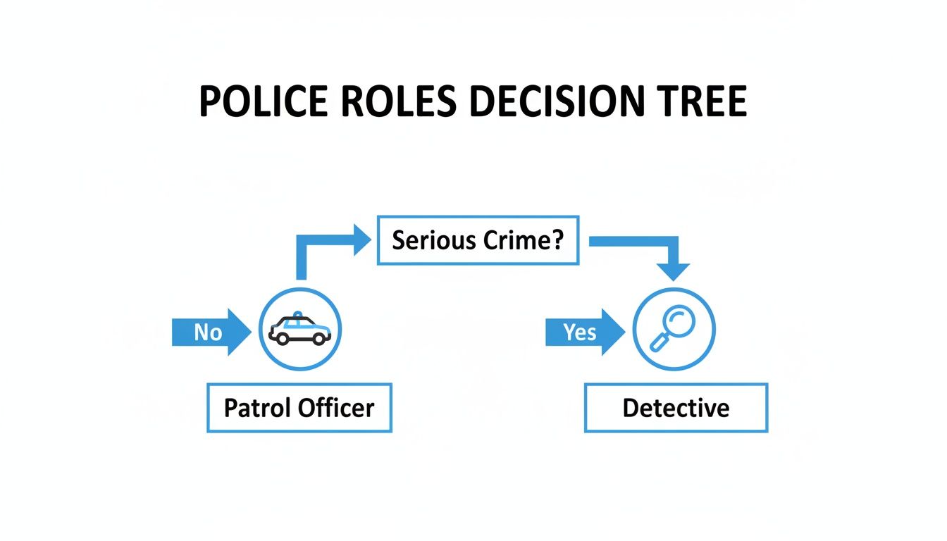 Un árbol de decisiones de roles policiales que muestra que un oficial de patrulla maneja delitos no graves, mientras que un detective maneja delitos graves.