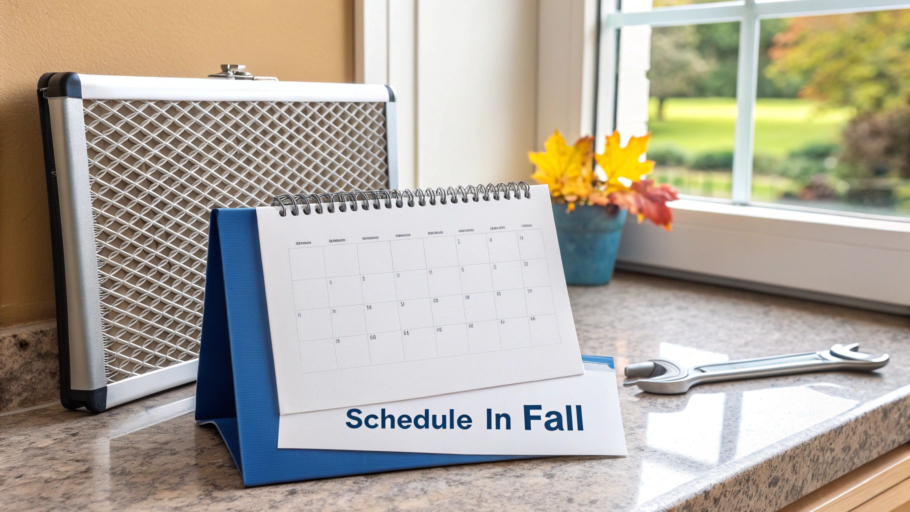 A calendar showing "Schedule In Fall" next to a furnace filter, a wrench, and fall leaves by a window.