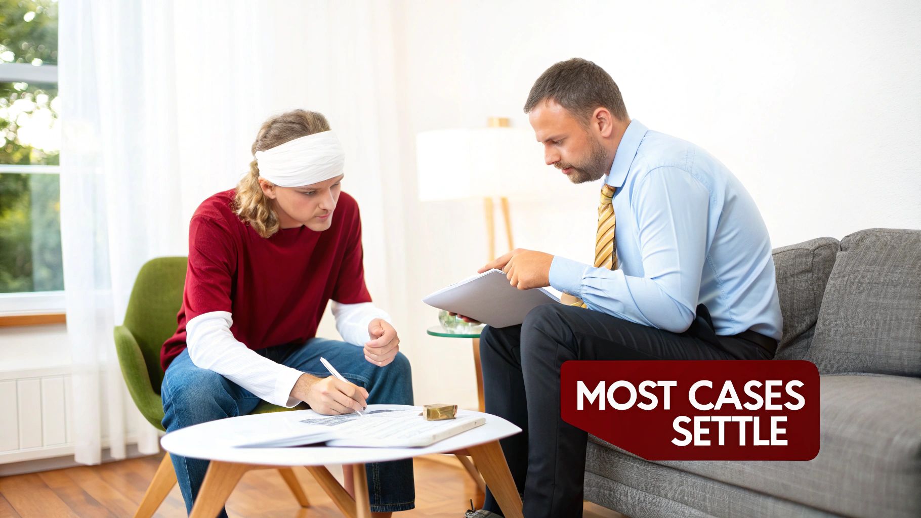A person with a head bandage signs papers with a legal professional, symbolizing settlement.