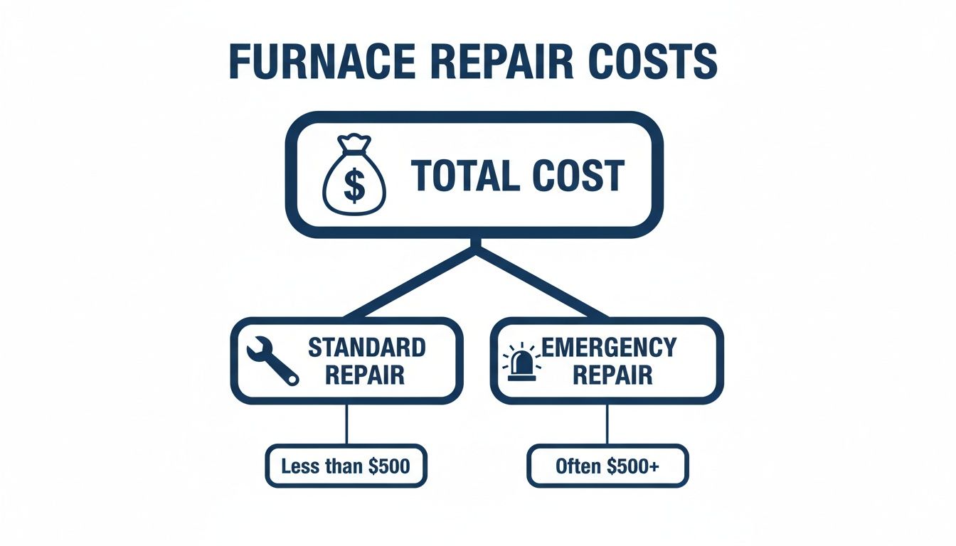 Diagram illustrating furnace repair costs: standard repairs are less than $500, while emergency repairs often exceed $500.