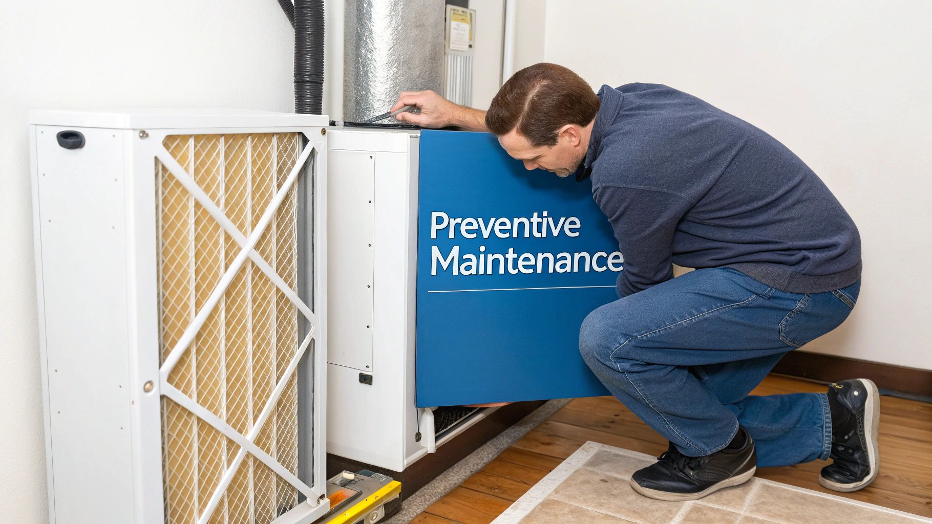 A man performs preventive maintenance on a white furnace unit with a blue panel, next to an air filter.