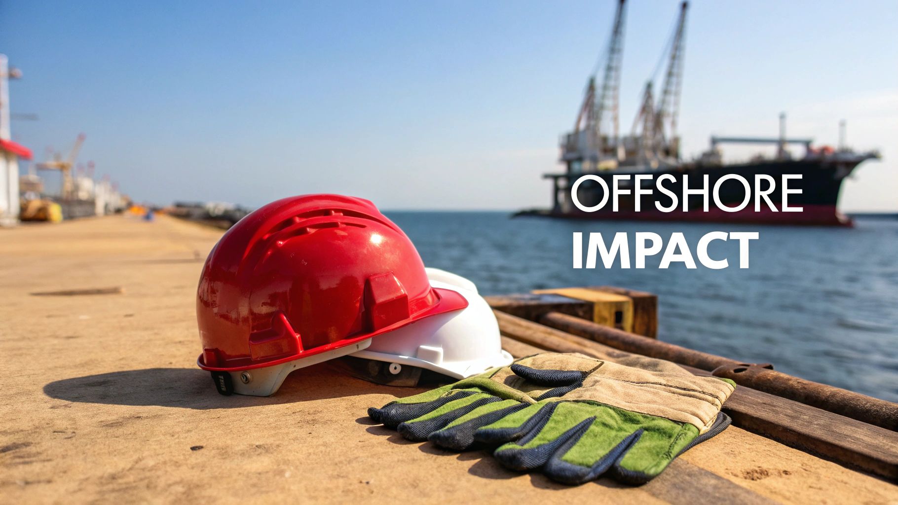 Red and white hard hats with work gloves on a dock, with an offshore vessel in the background.