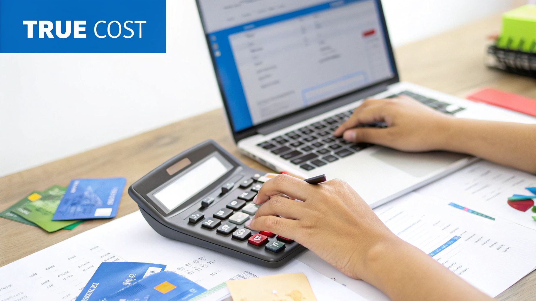 Person calculating finances with a calculator, laptop, and credit cards on a desk, with 'TRUE COST' text.