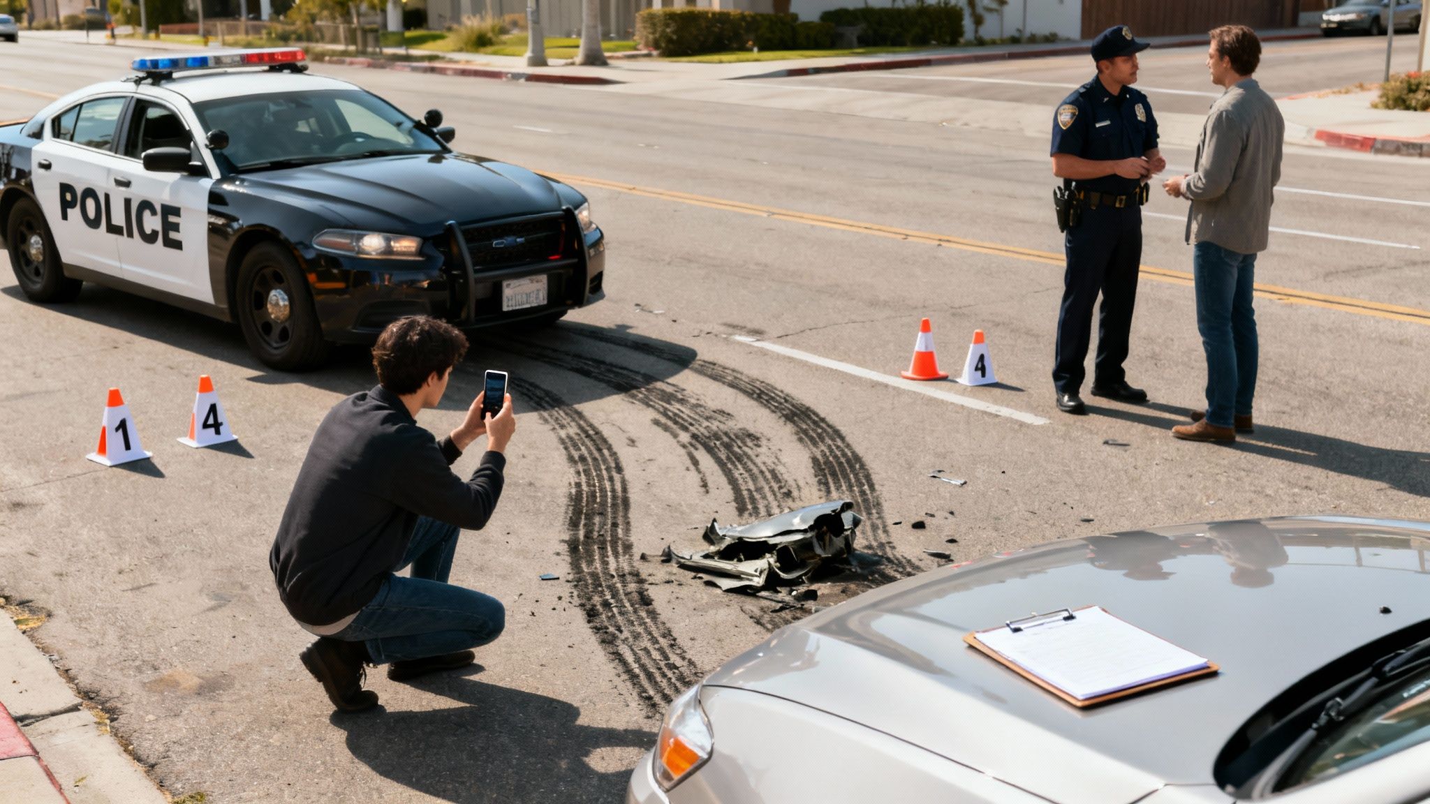 Police officer and civilian at a car accident scene with a person documenting the crash.
