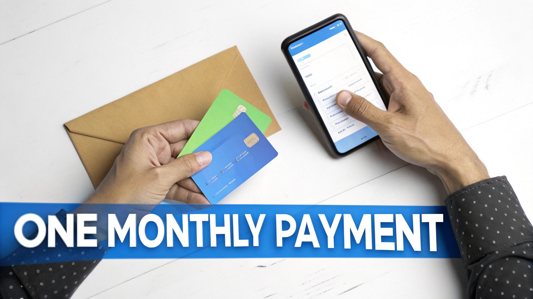 Hands hold two credit cards and a smartphone with a financial app for one monthly payment.