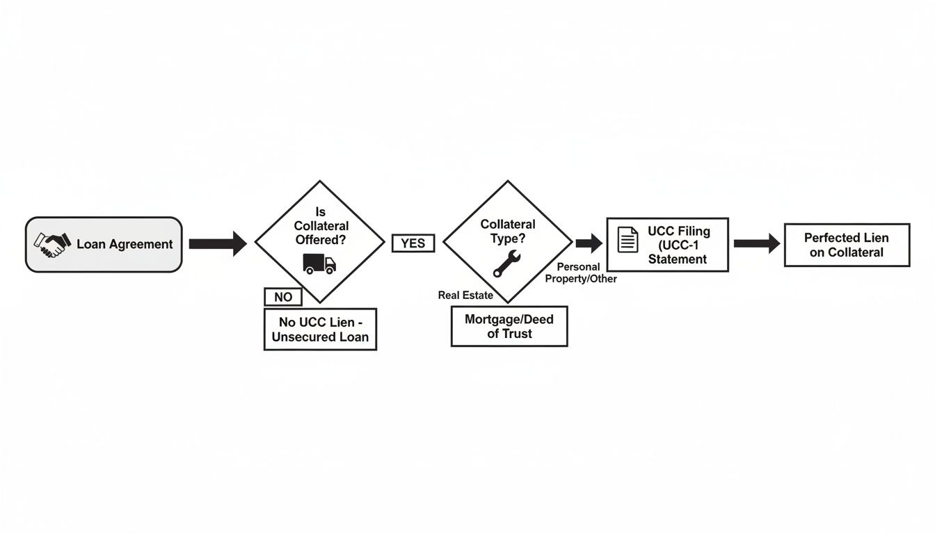 Flowchart illustrating the process of perfecting a lien on collateral, from loan agreement to UCC filing.