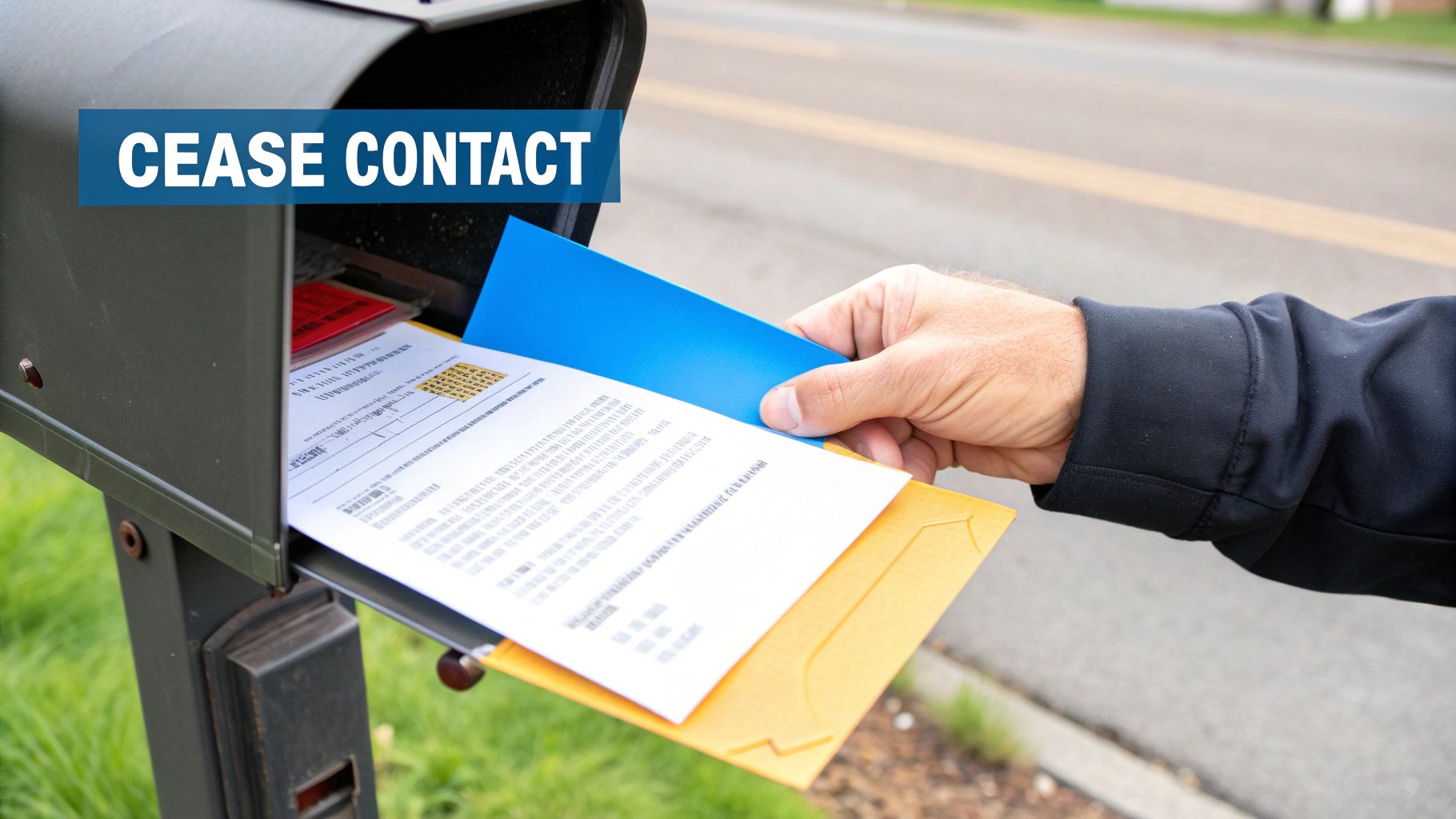 A person's hand places a blue folder and white letters, labeled 'CEASE CONTACT', into a grey mailbox.
