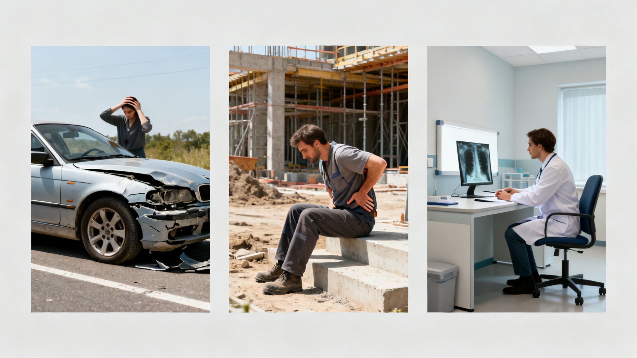 A car accident victim, a construction worker with back pain, and a doctor examining X-rays.