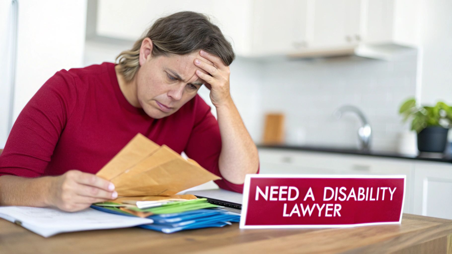 A stressed person reviews numerous documents and envelopes, with a 'Need a Disability Lawyer' sign nearby.