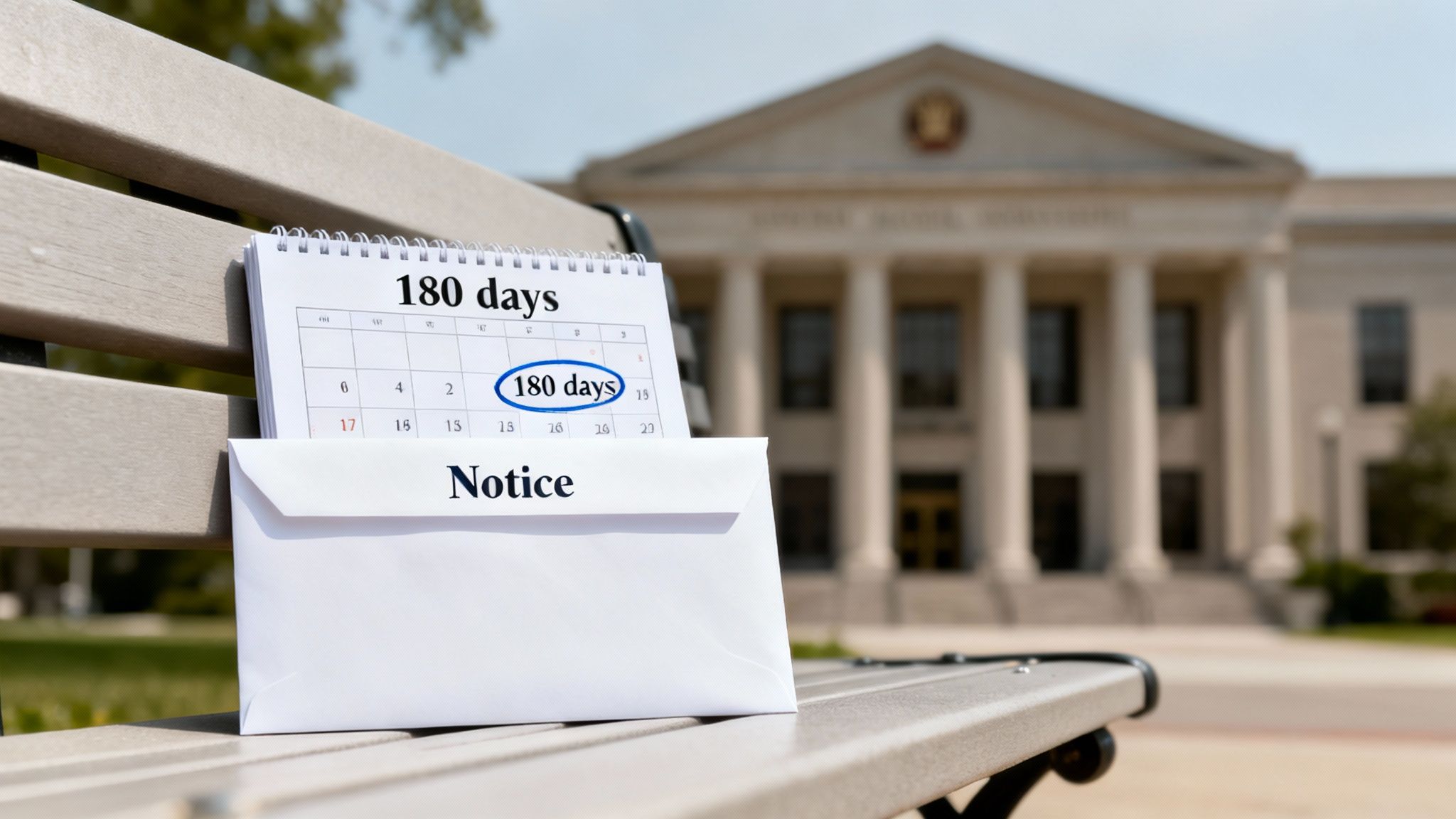 A calendar highlighting '180 days' and a 'Notice' envelope on a bench outside a courthouse.
