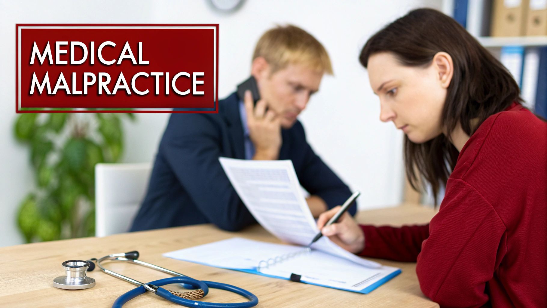 Woman signing medical malpractice documents at a lawyer's office, with a stethoscope on the desk.