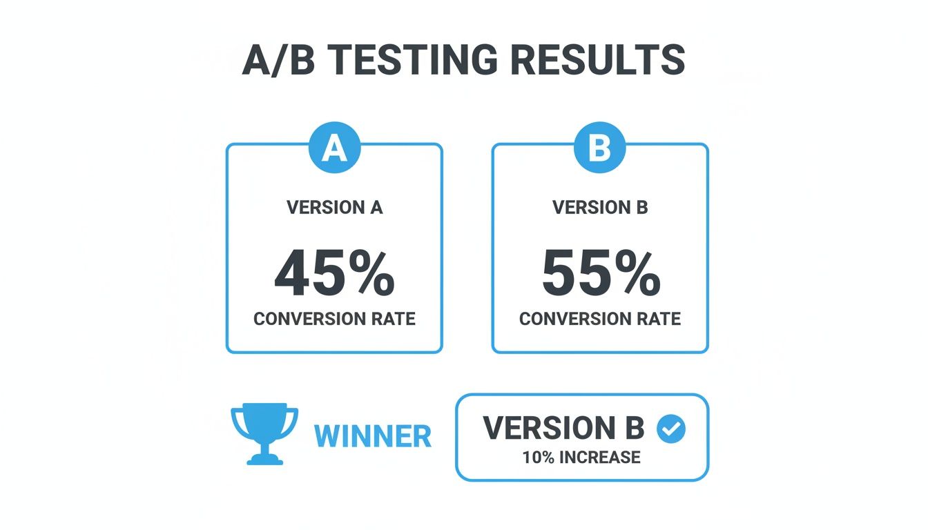 A/B testing results showing Version B with a 55% conversion rate winning over Version A's 45%.