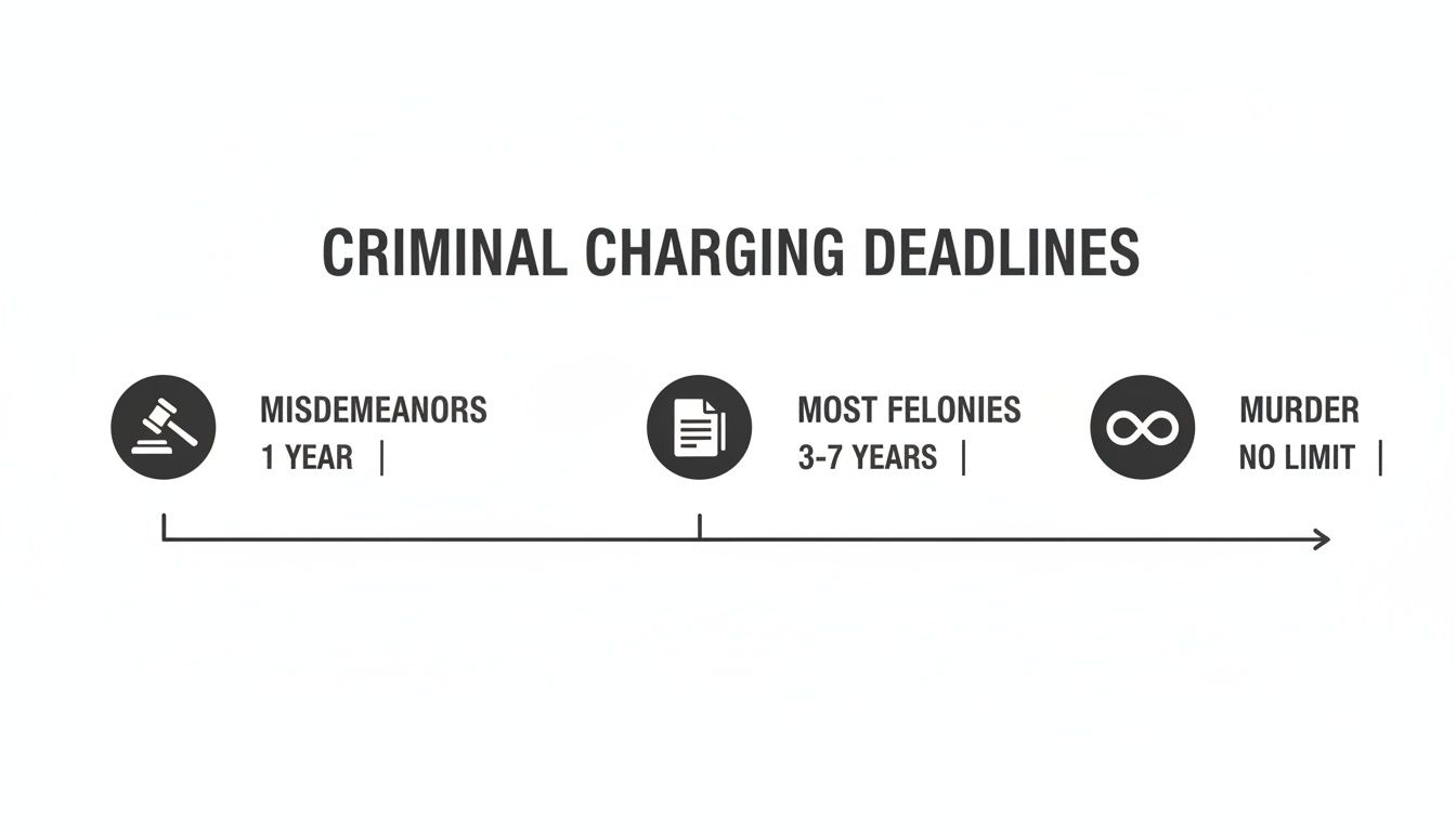 A timeline graphic displaying criminal charging deadlines for misdemeanors, most felonies, and murder.