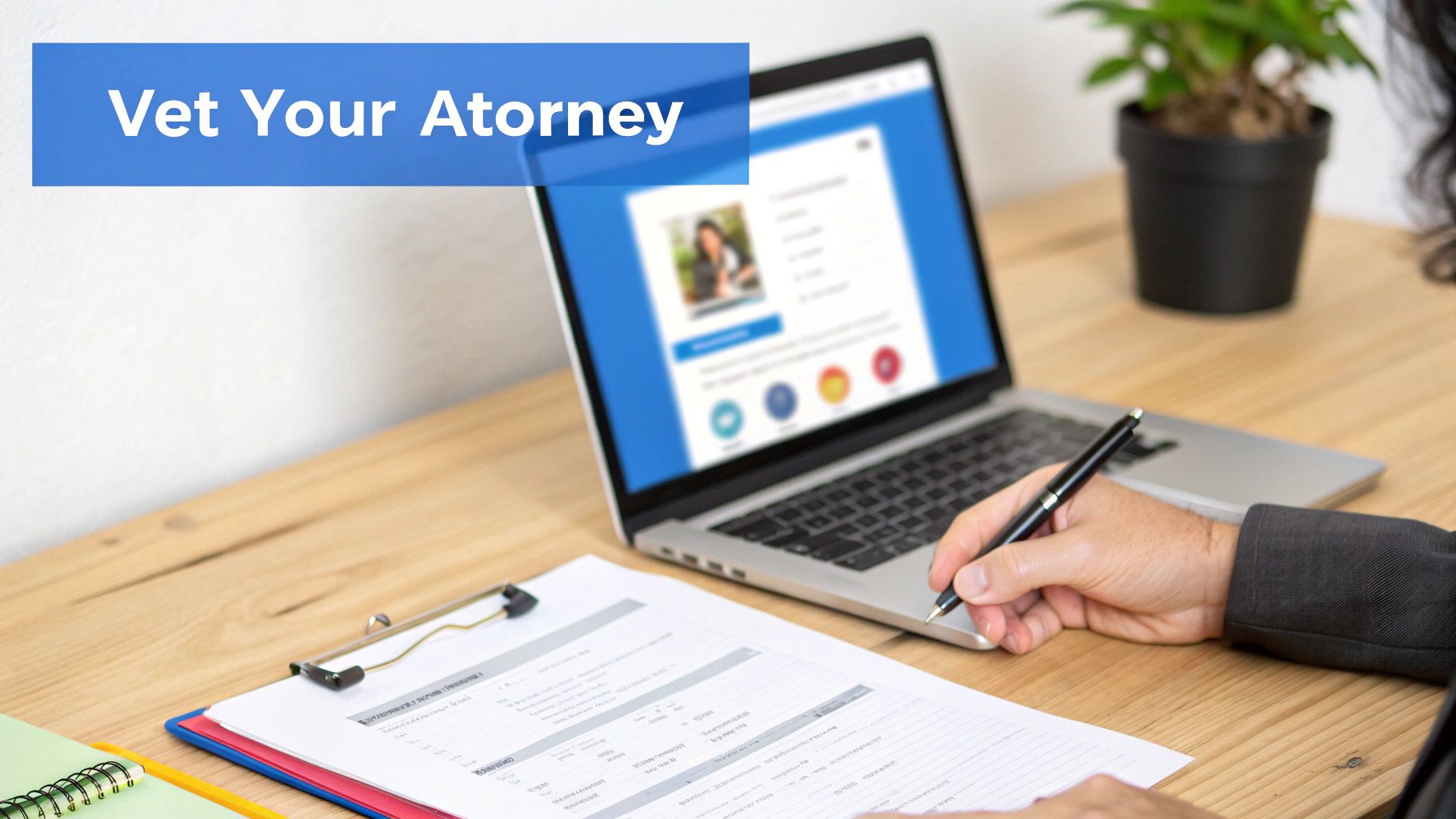 A person writing on a document, with a laptop displaying a lawyer's profile and 'Vet Your Attorney' text.