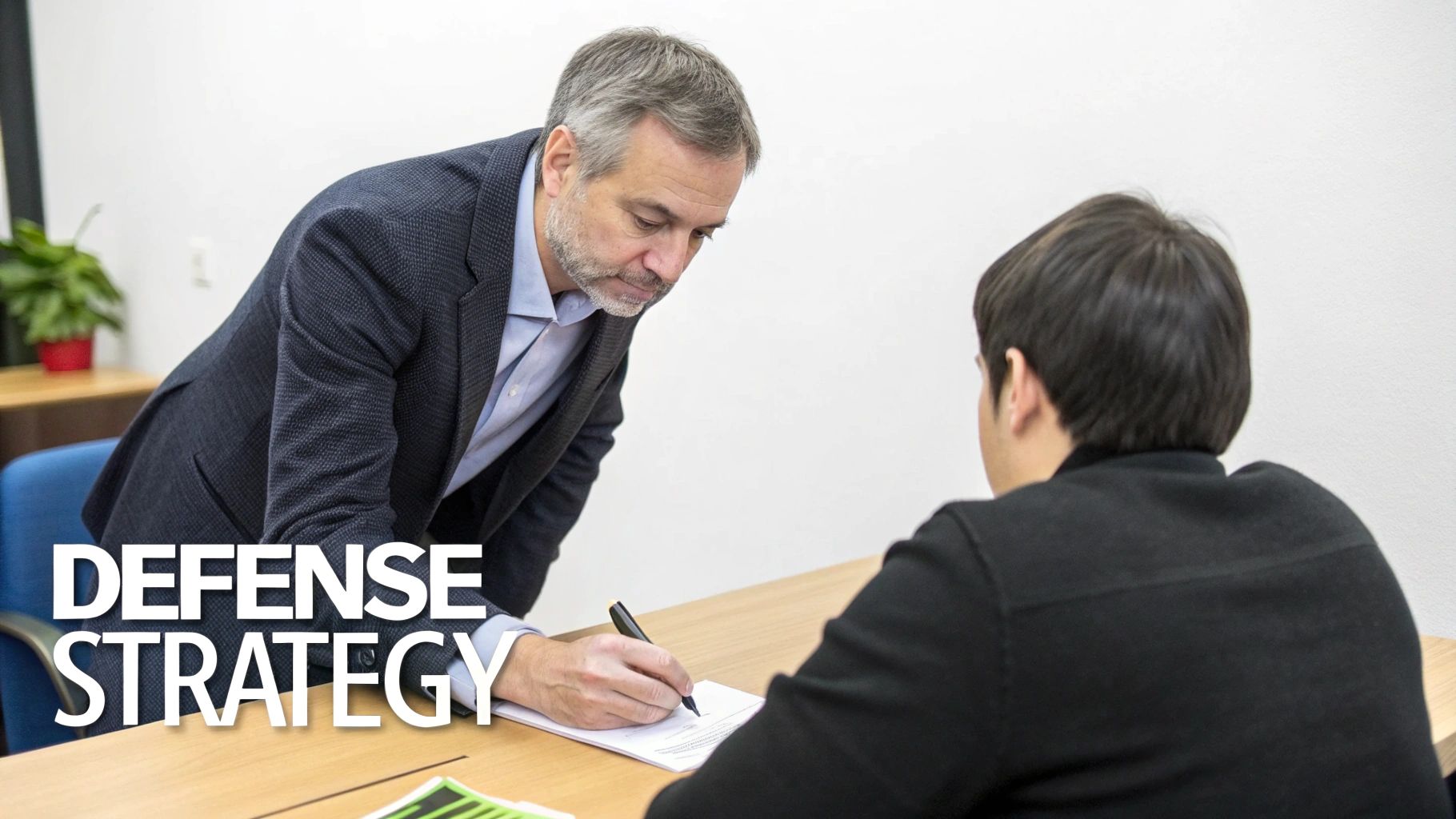 Two men in an office, one signing a document on a desk, discussing defense strategy.