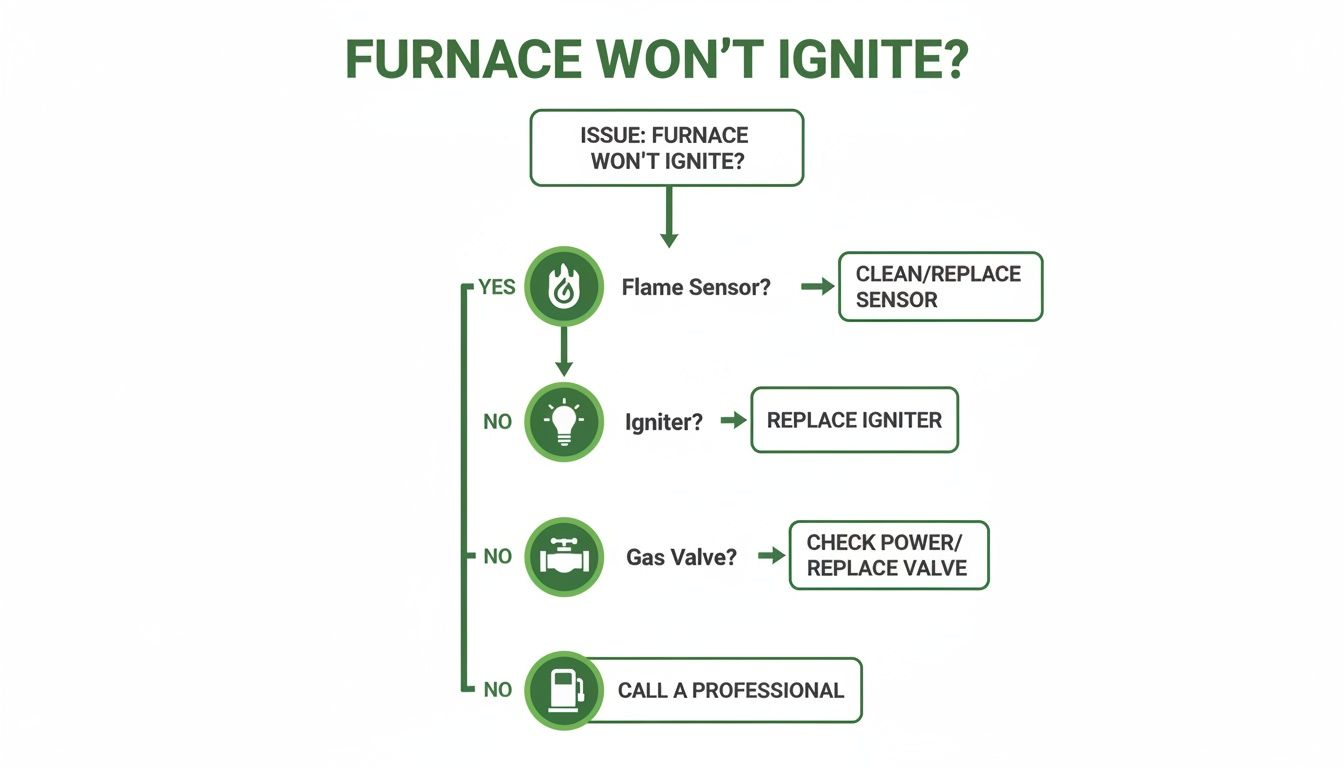 Flowchart illustrating steps to troubleshoot a gas furnace that won't ignite, checking flame sensor, igniter, and gas valve.