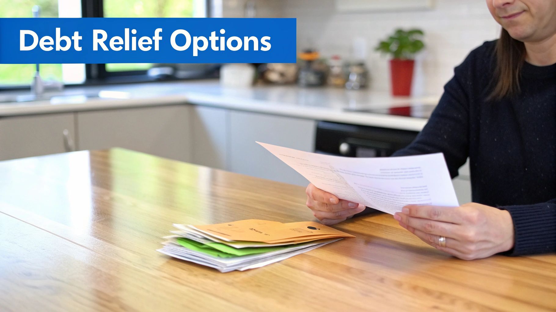 A person reviews documents and mail at a kitchen table, seeking debt relief options.