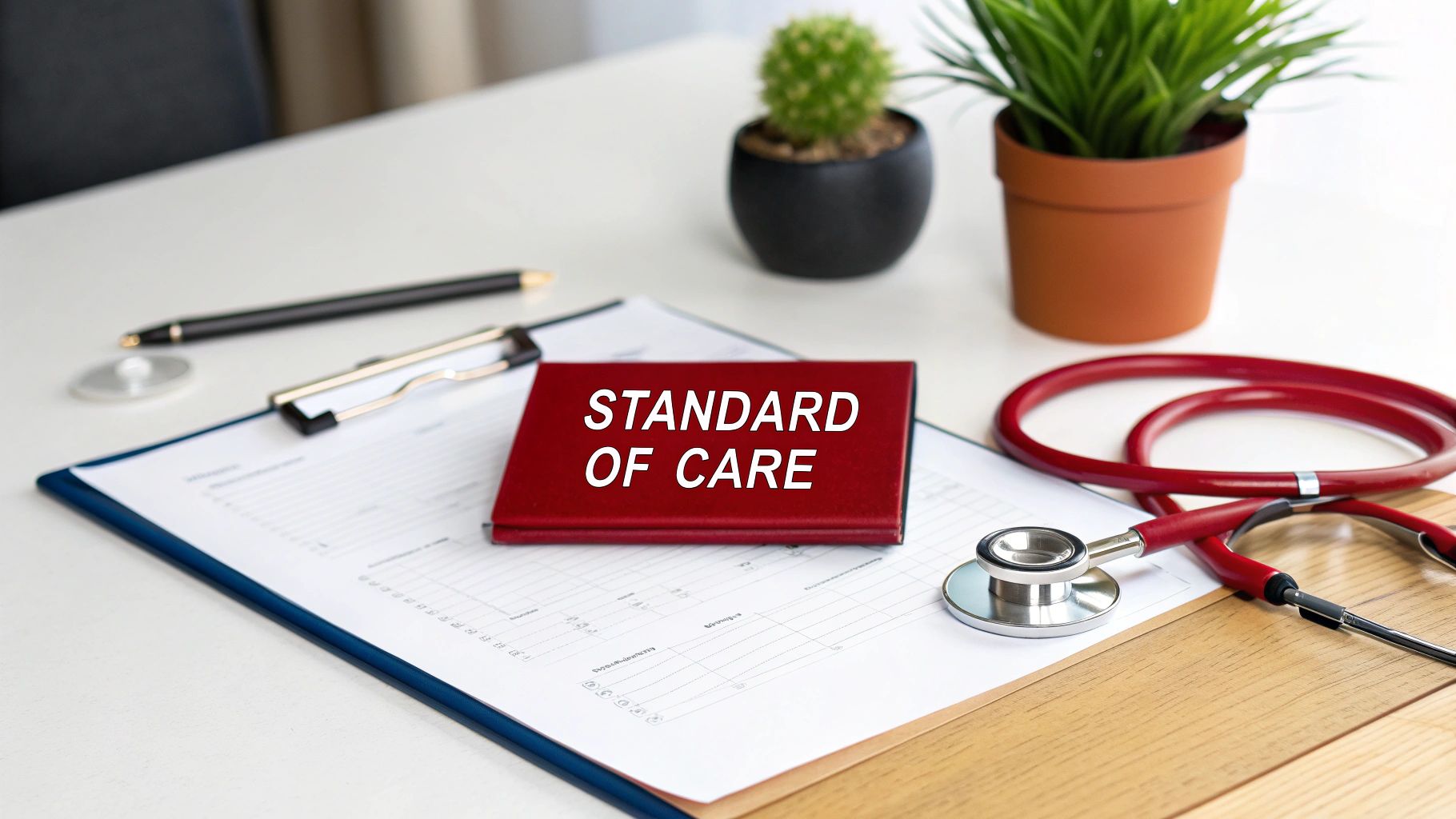 A doctor's desk with a red book titled 'Standard of Care', a stethoscope, and medical forms.
