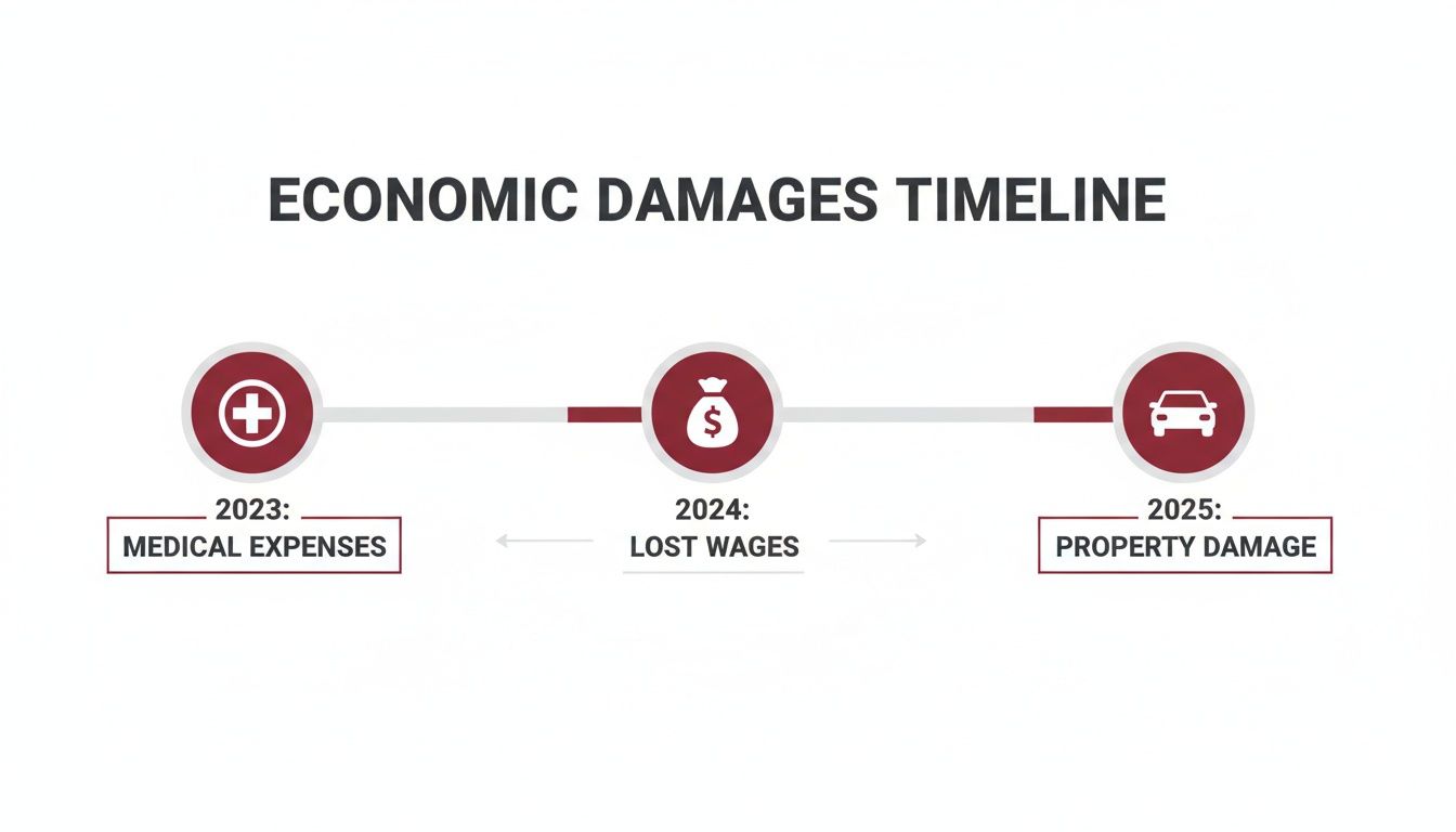 A timeline illustrating economic damages for personal injury: Medical Expenses (2023), Lost Wages (2024), and Property Damage (2025).