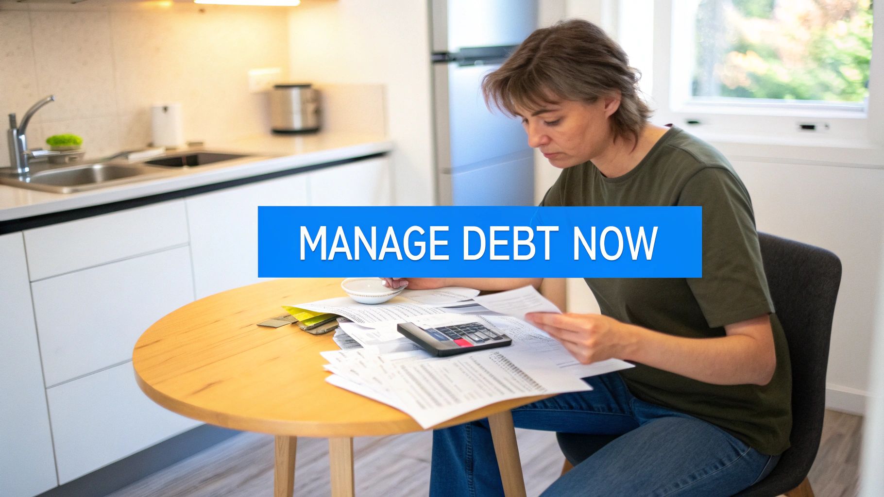 Woman calculating finances and reviewing papers at a table, with a 'MANAGE DEBT NOW' banner.