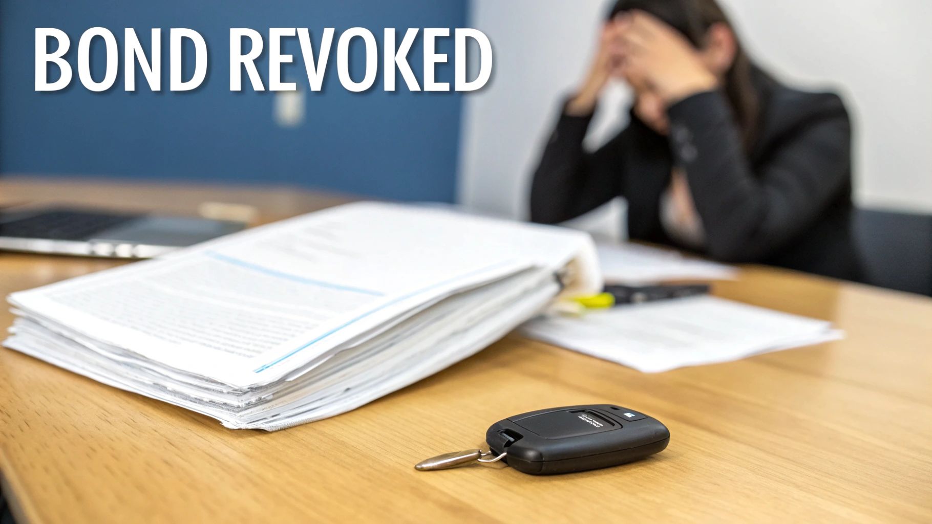 A person in distress with their head in hands, surrounded by legal papers and a car key, signifying a revoked bond.